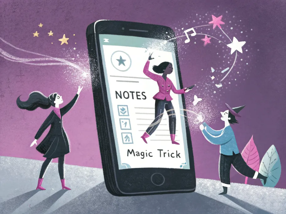 A whimsical digital illustration of a smartphone with the Notes app open, showing magical and shimmering elements representing line breaks in Instagram captions.