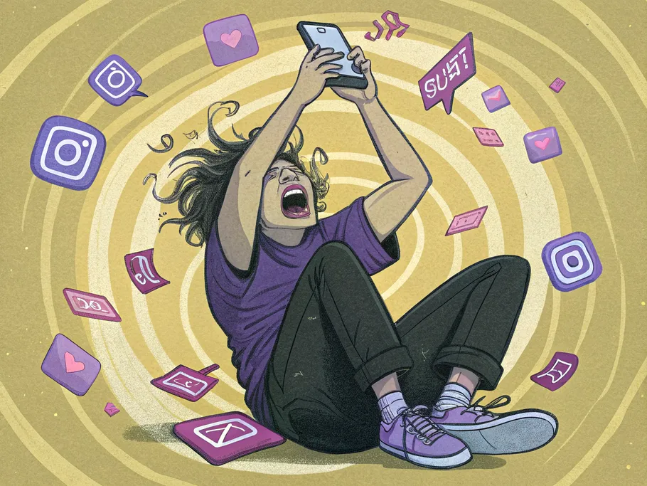 A person sitting cross-legged, holding a smartphone in frustration, surrounded by glitching Instagram icons.