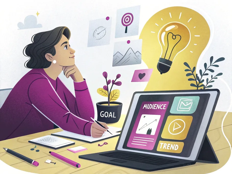 A determined person brainstorming content ideas for Instagram Reels at a modern desk, surrounded by creative tools.