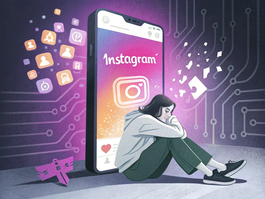A person sitting frustrated in front of a giant smartphone displaying Instagram's login interface, surrounded by floating SMS message bubbles.