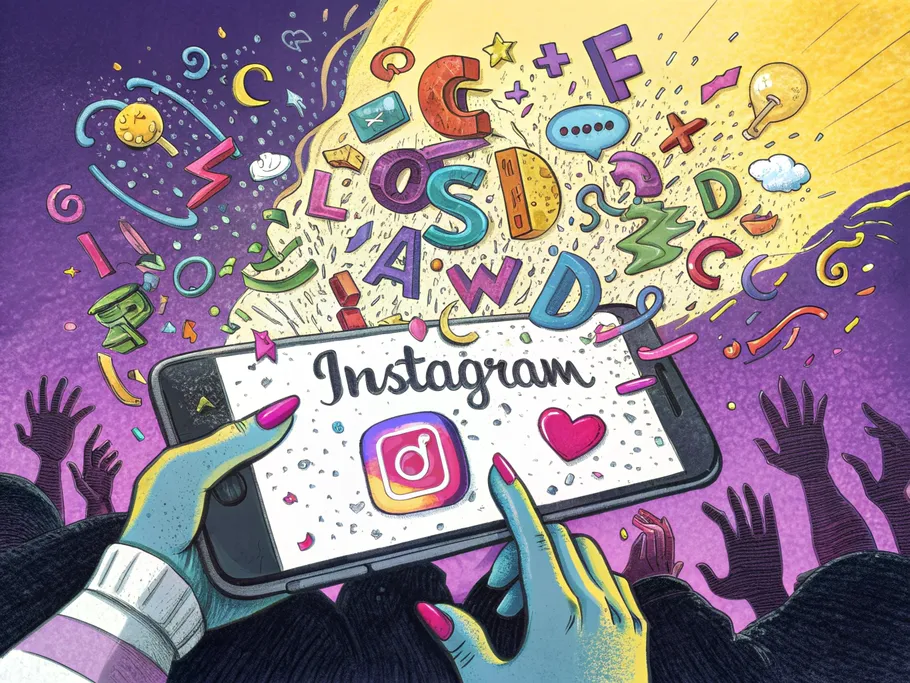 A dynamic illustration of a smartphone displaying the Instagram logo, surrounded by vibrant typography characters in various fonts.
