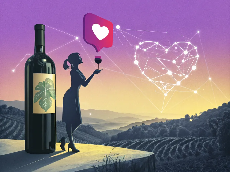 A classic wine bottle next to a woman holding a glass of wine, with an Instagram heart icon and network lines in the background.