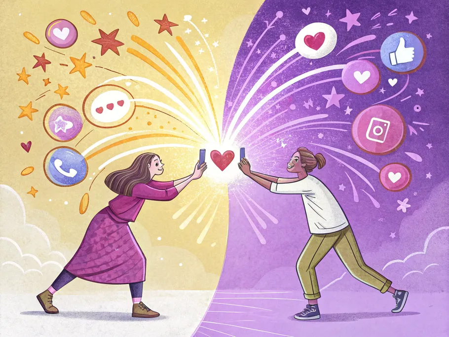 A whimsical illustration of two users connecting on Instagram, symbolizing collaboration for increased engagement.