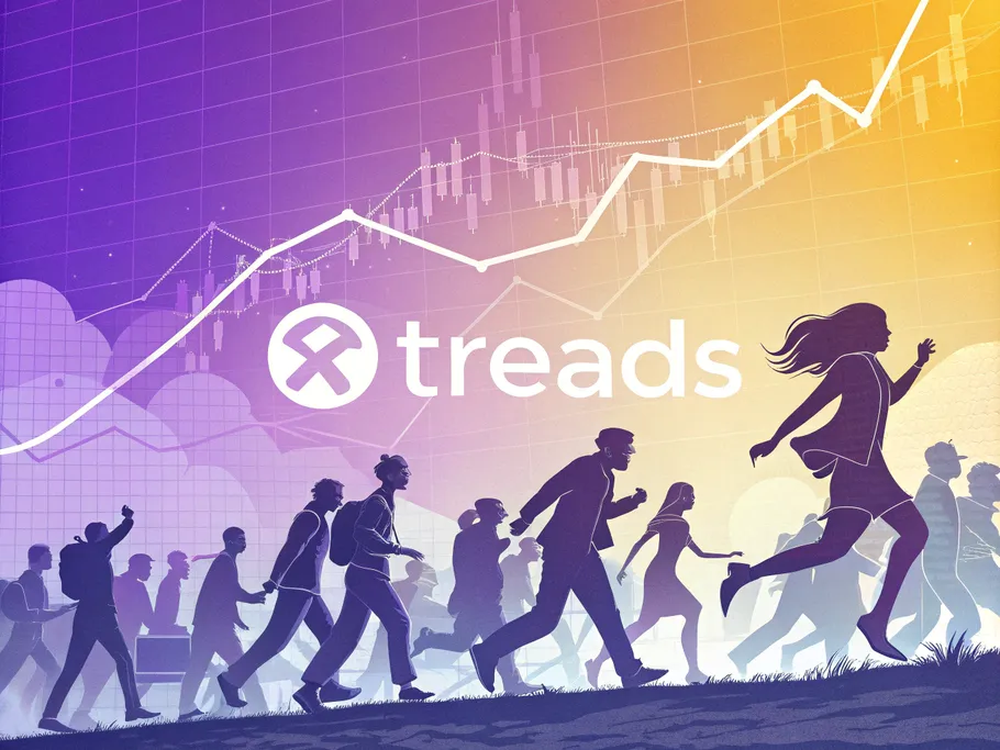 Dynamic crowd of faceless digital figures moving towards the Threads app logo, illustrating the rise and fall of interest.