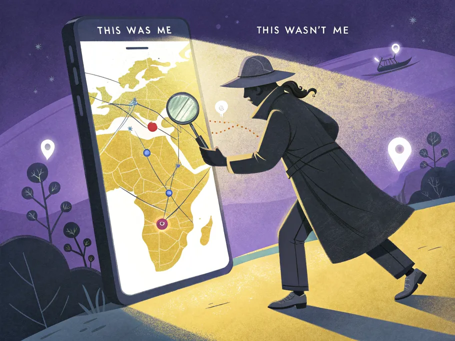 Illustration of a detective examining a smartphone screen featuring a world map and location pins, symbolizing Instagram account security.