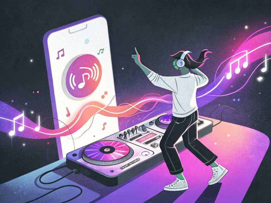 A stylized figure confidently DJing for an Instagram Story, mixing music with a glowing smartphone screen resembling a DJ console.