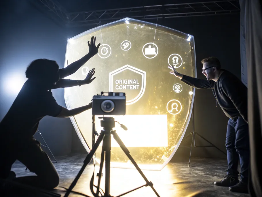A vintage camera protected by a glowing force field, symbolizing the importance of original content in the face of copyright challenges.