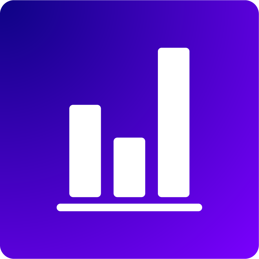 White bar chart icon with three vertical bars of varying heights on a purple gradient background.