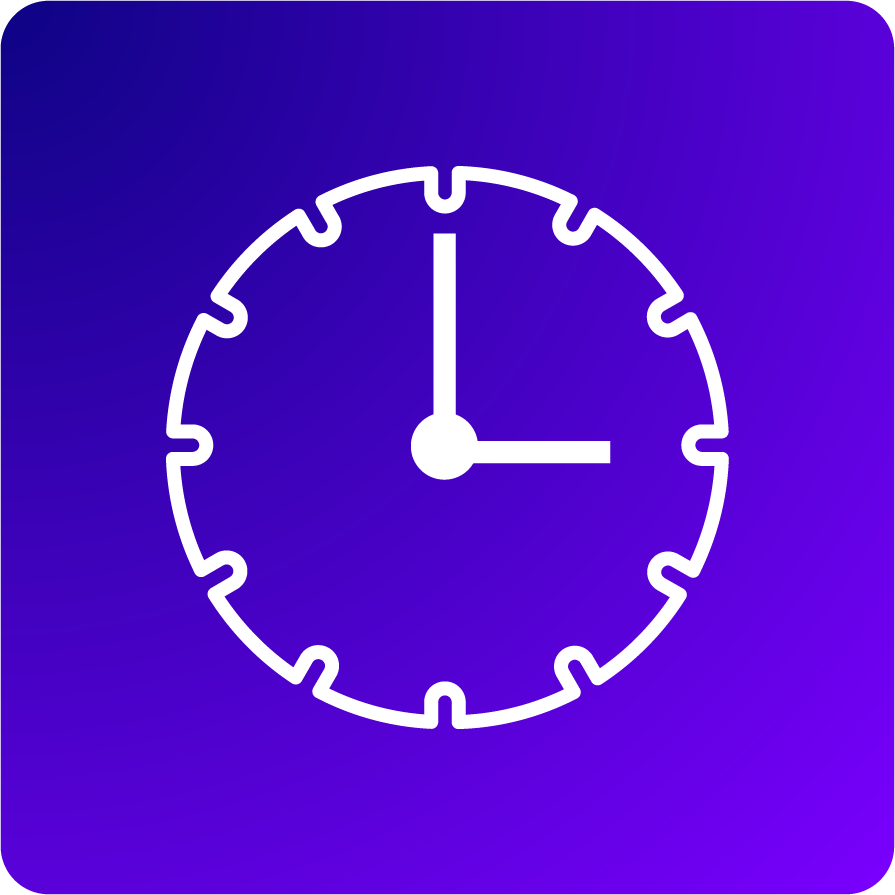 White clock icon showing 3:00 on a purple rounded square background.