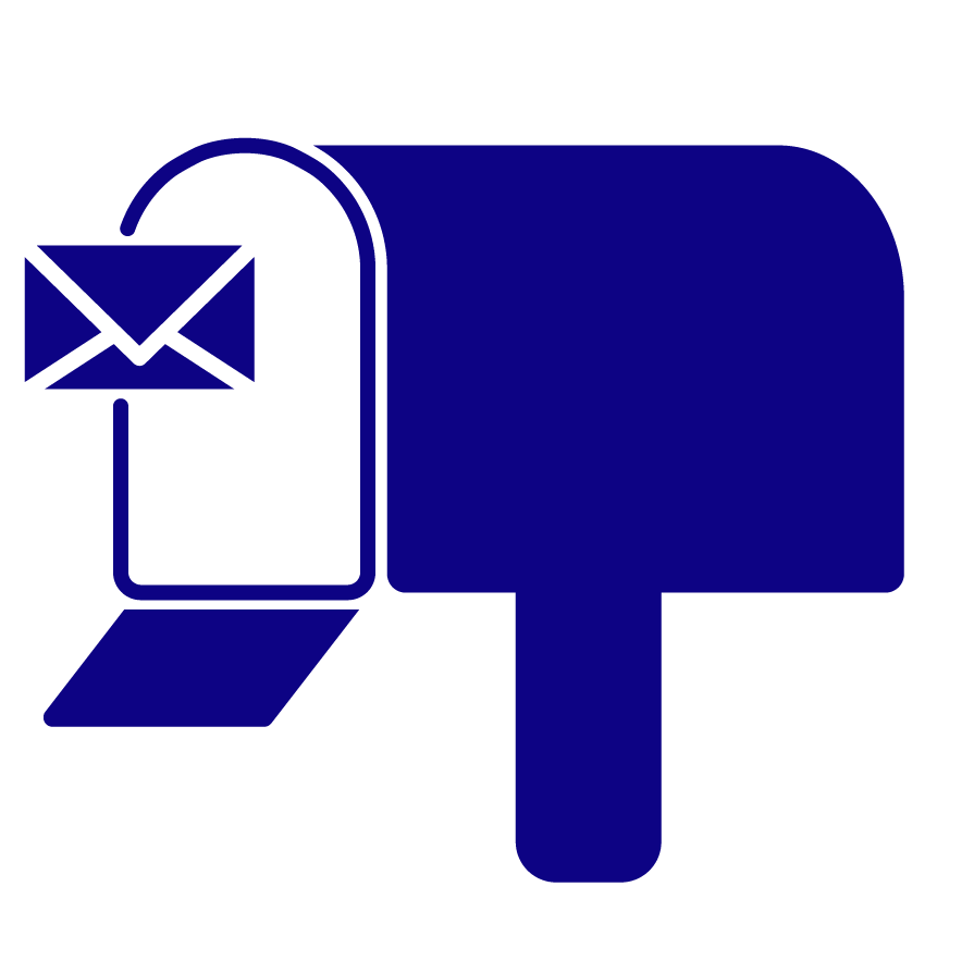 Blue mailbox with an open door and an envelope symbol indicating mail delivery.