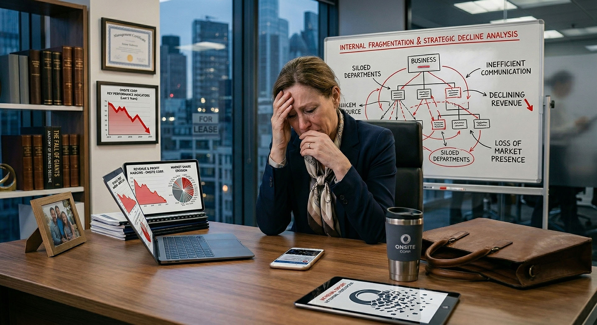 Stressed businesswoman sitting at a desk with declining performance charts on laptop and wall, and a whiteboard showing internal fragmentation and strategic decline analysis.