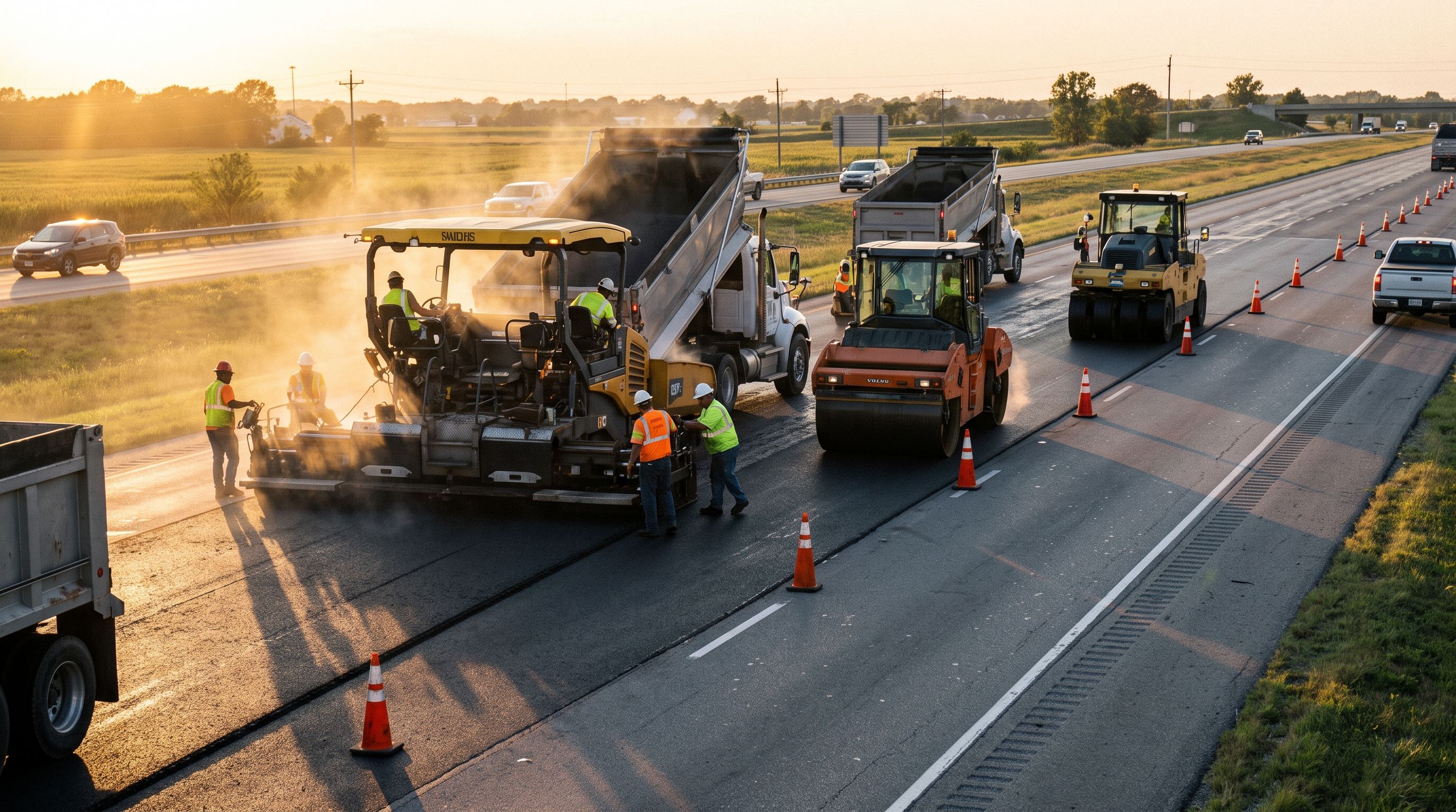 Asphalt paving crew laying hot-mix on a highway