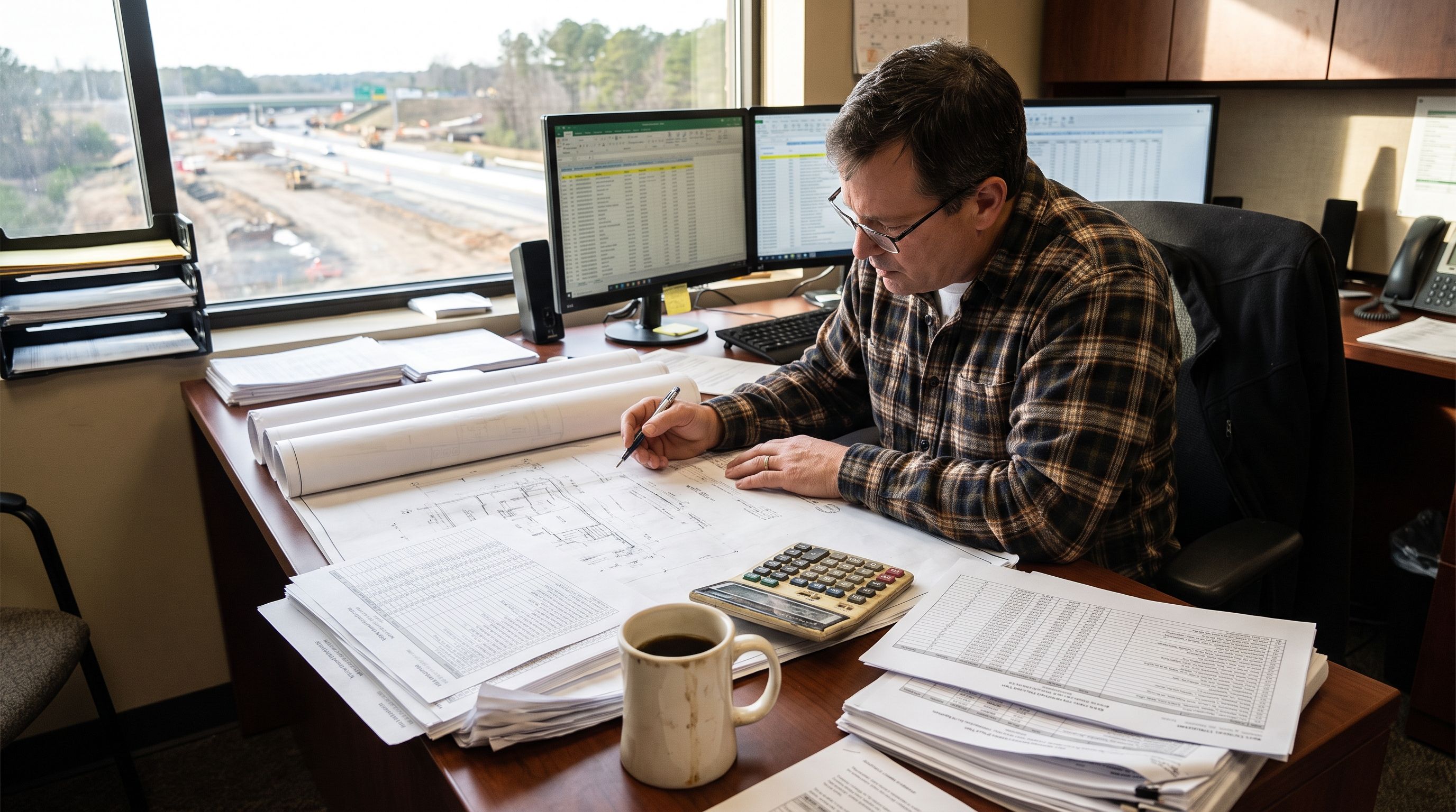 Estimator reviewing DOT plans and bid tabs at a desk