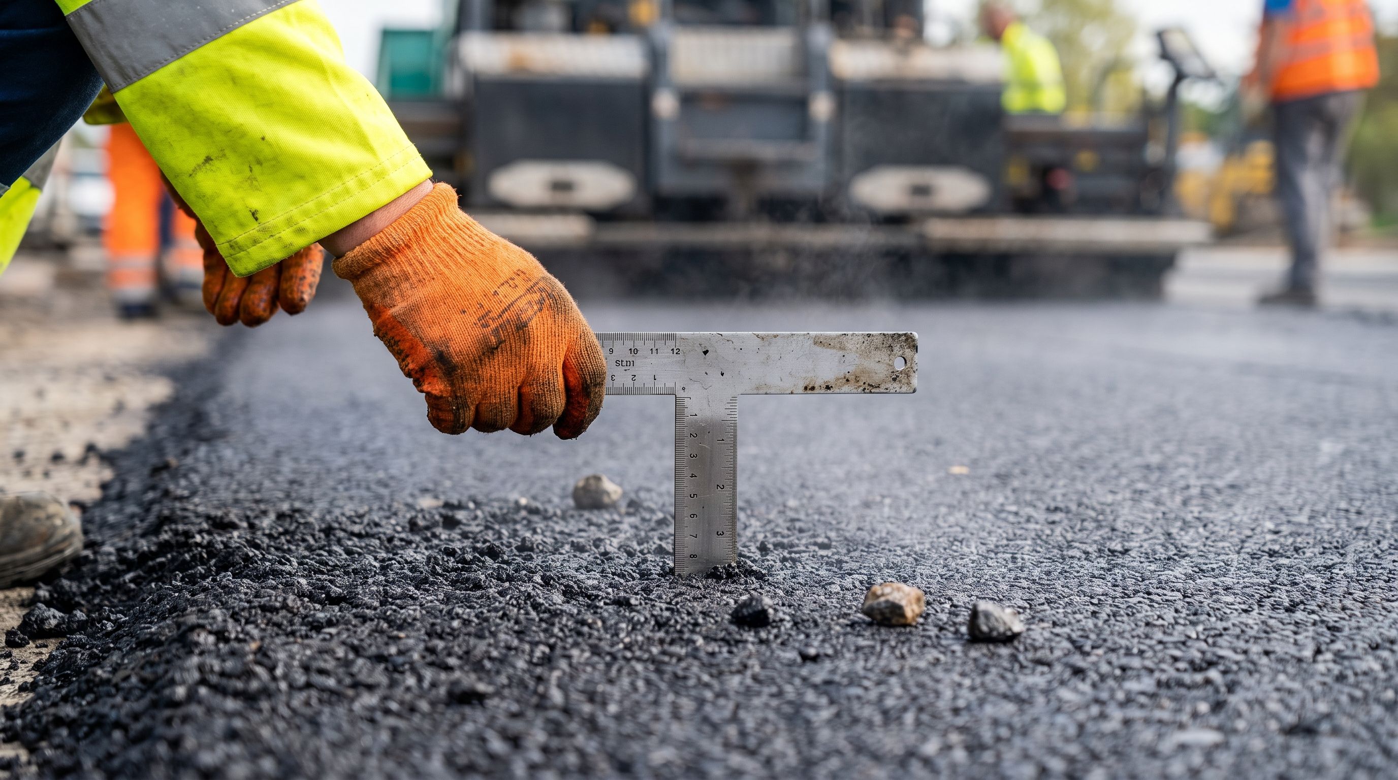 Worker checking asphalt mat depth with a gauge