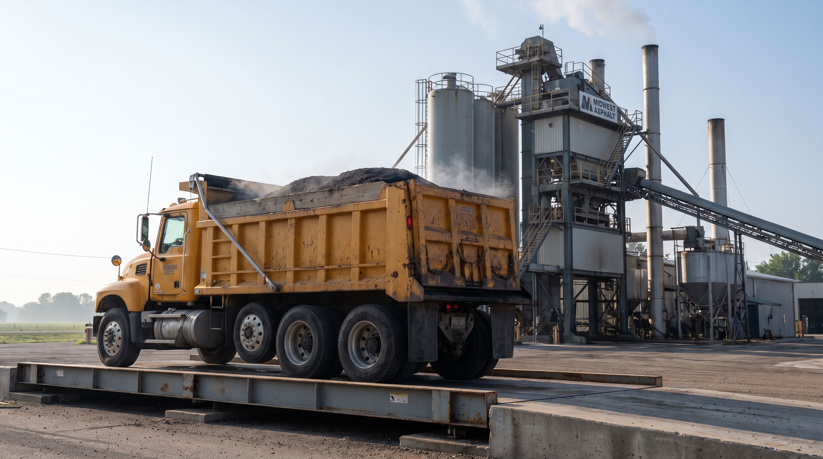 Loaded dump truck on a scale at an asphalt plant