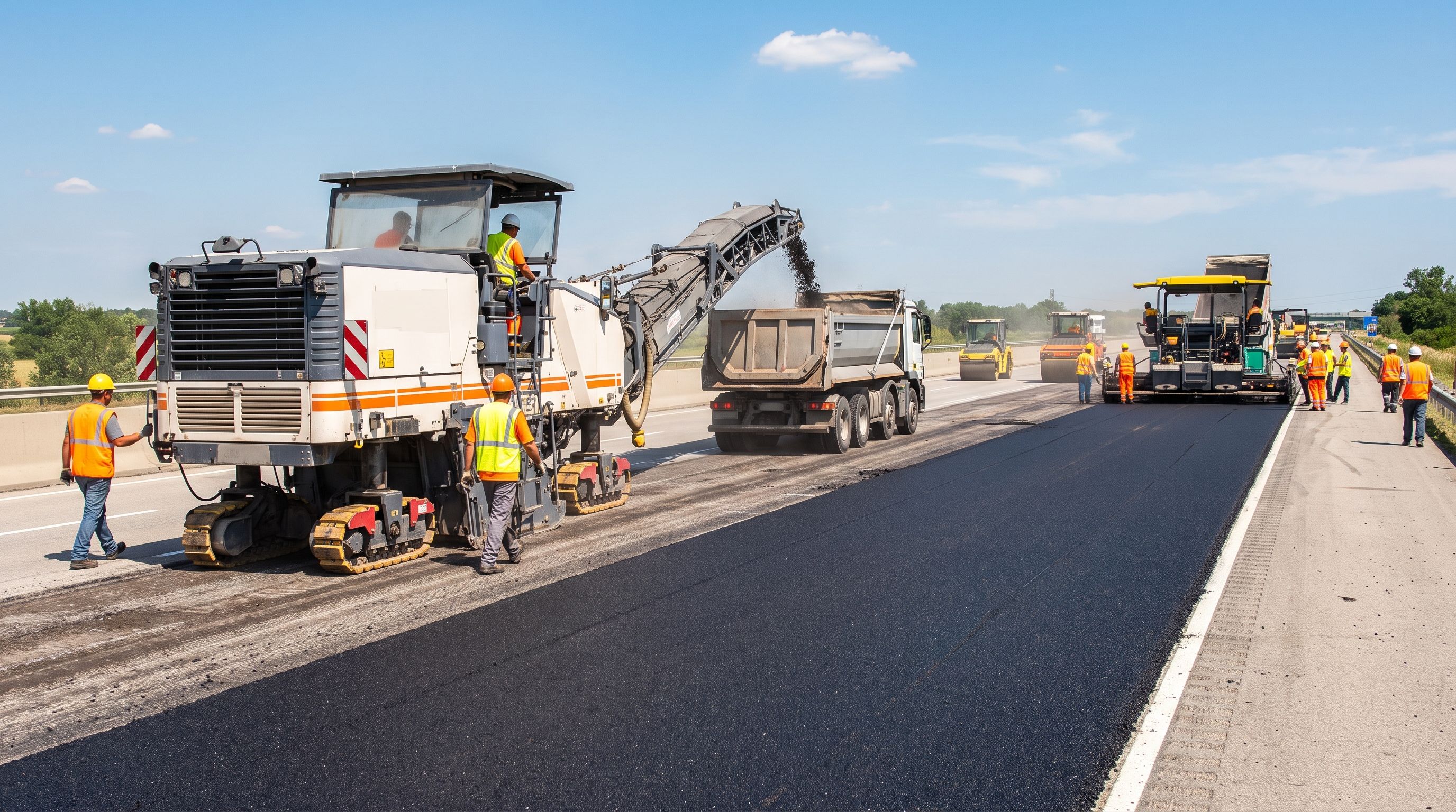 Cold milling machine removing asphalt ahead of an overlay