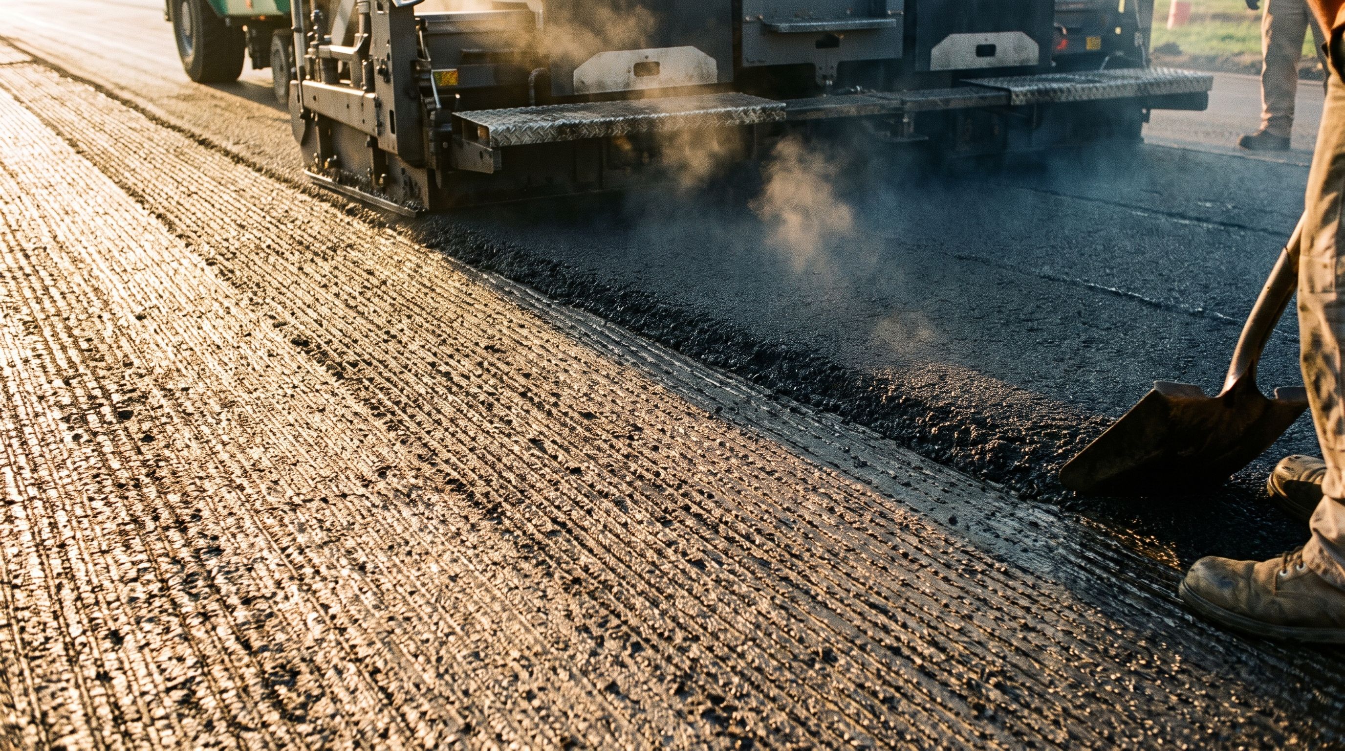 New asphalt being placed over a grooved milled surface