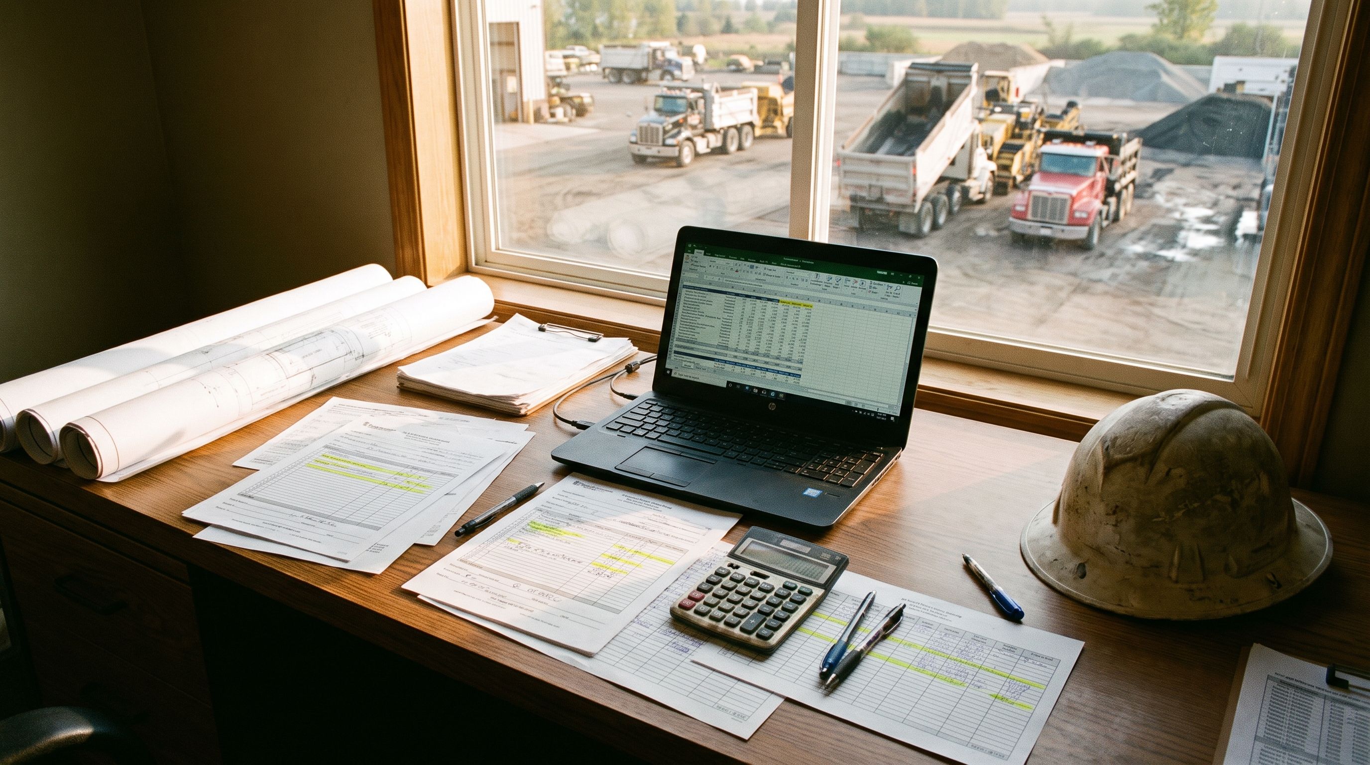 Civil estimator's desk with bid documents, plans, and laptop