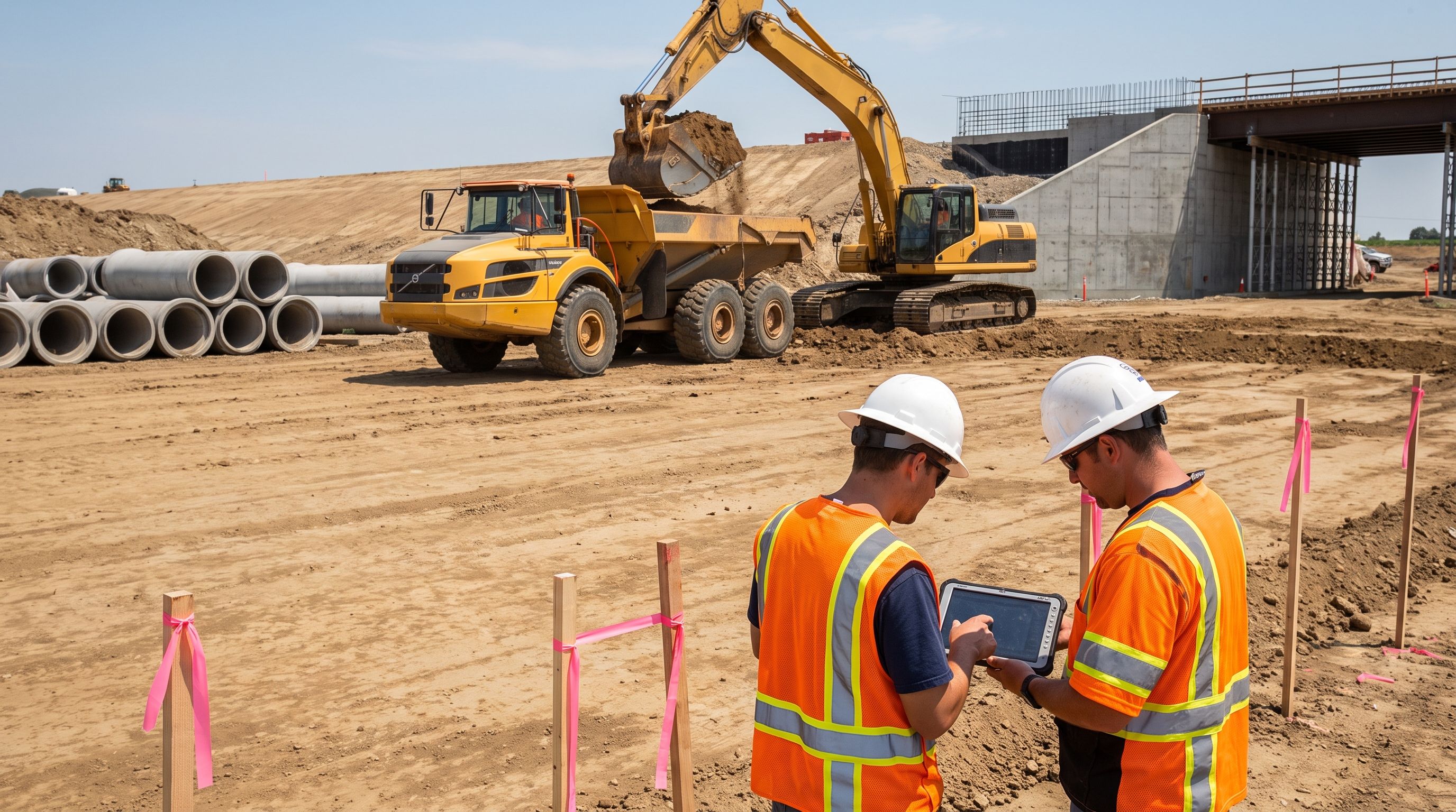 Heavy civil crew reviewing a tablet on an earthwork and utility site