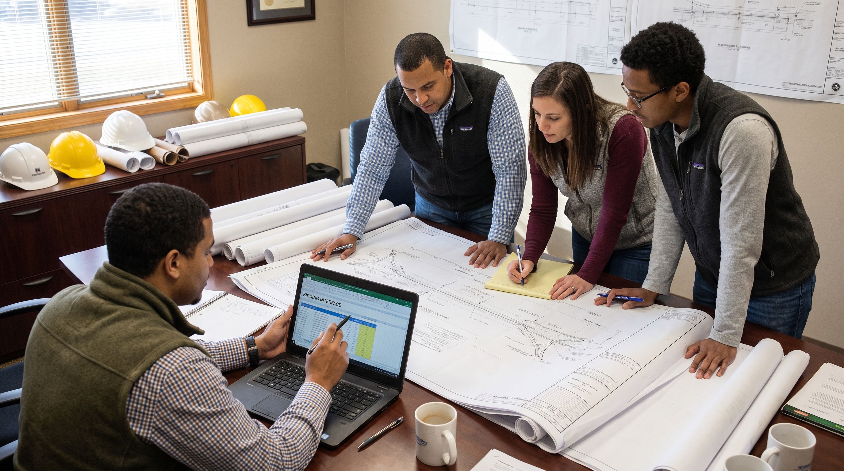 Estimating team reviewing DOT plans and electronic bids before a letting