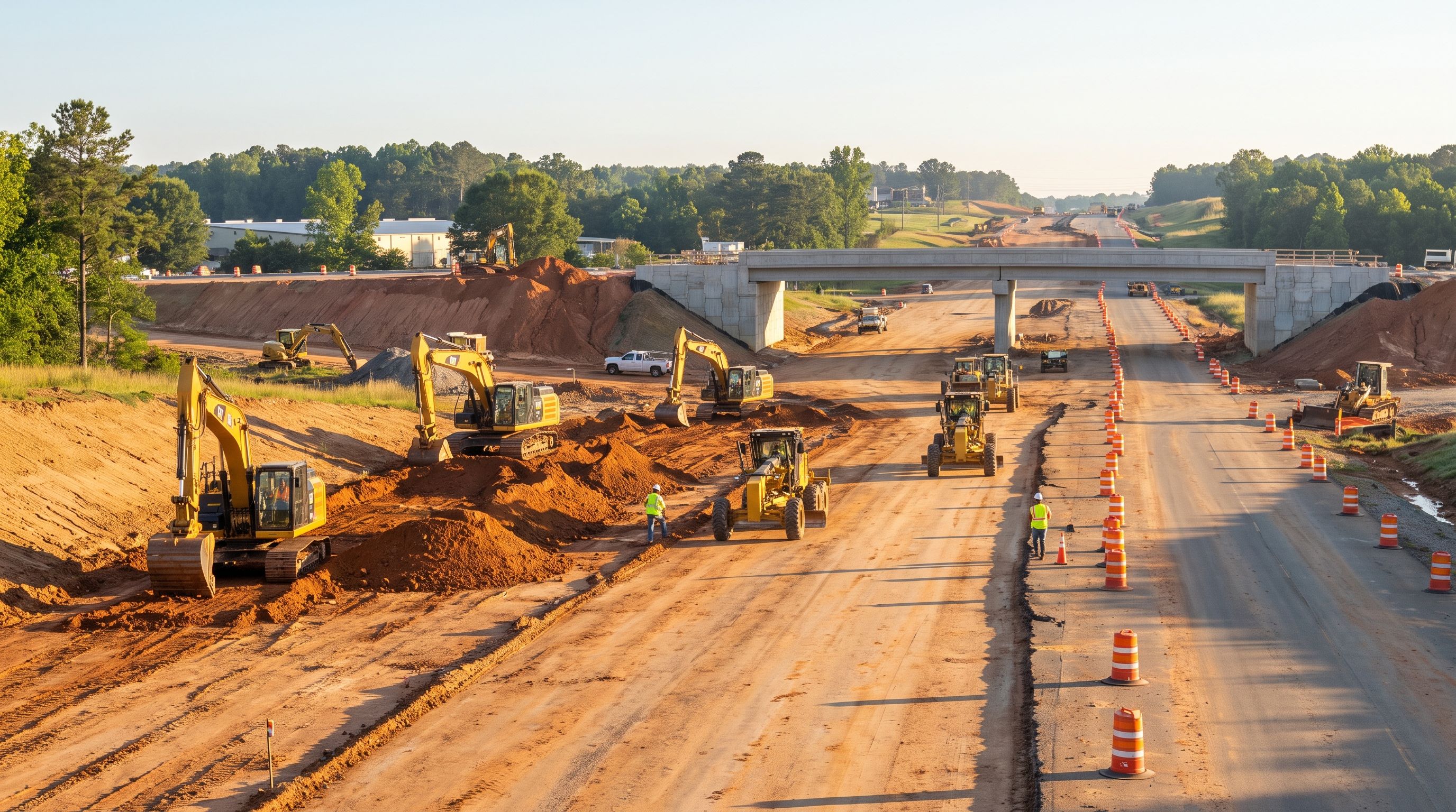 Excavators and graders on a DOT highway project with bridge work in background