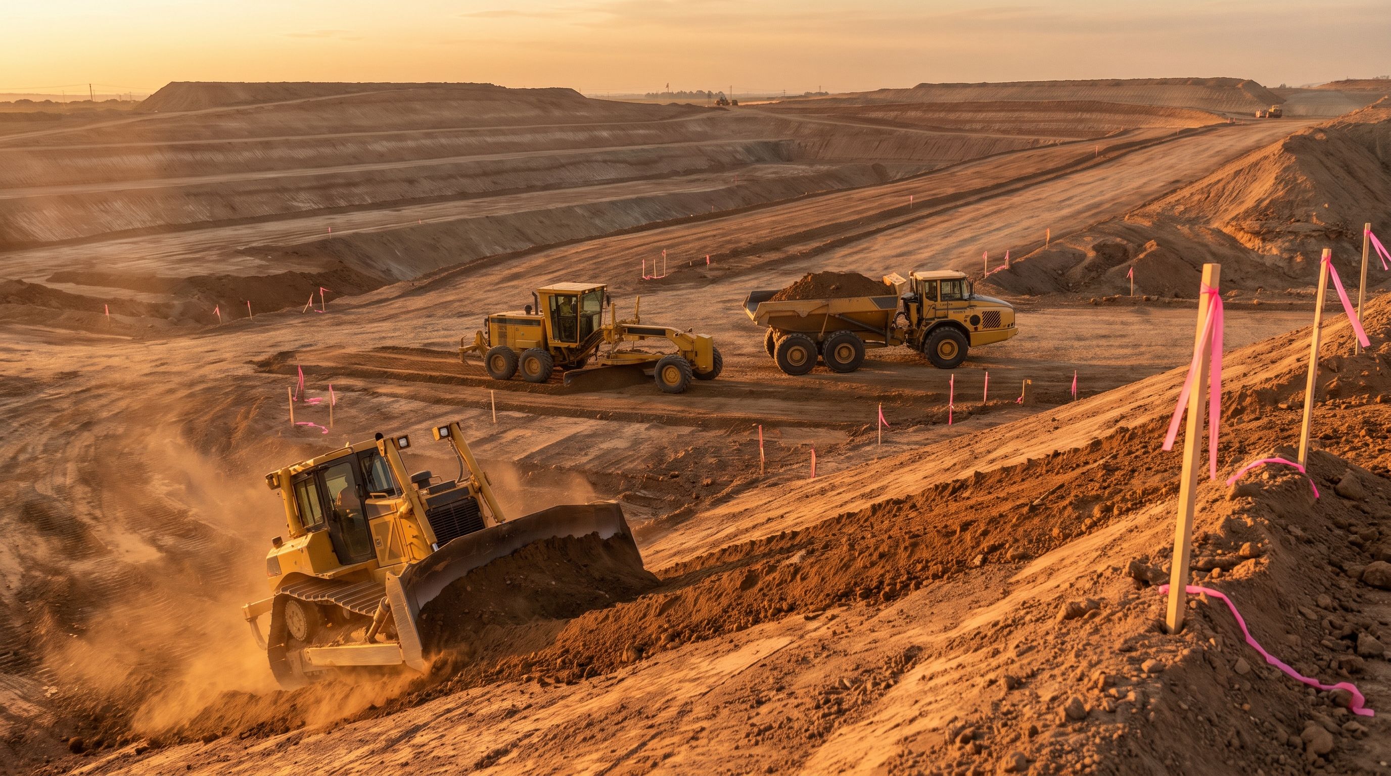 Bulldozer and motor grader performing grading and earthwork on a highway construction site