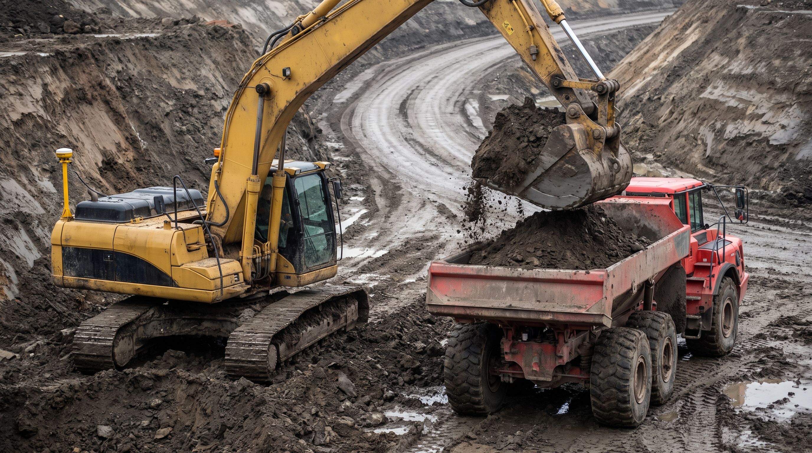Excavator loading an articulated haul truck during mass excavation on a civil project