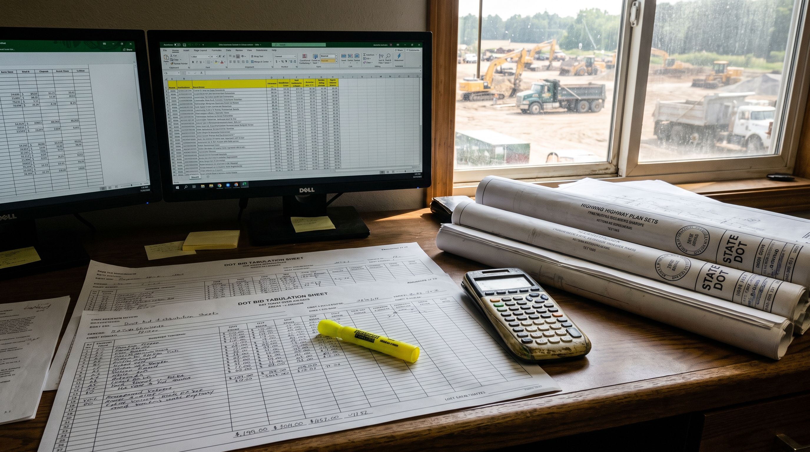 Estimator reviewing DOT bid tabulation sheets at a desk with spreadsheets and highway plans