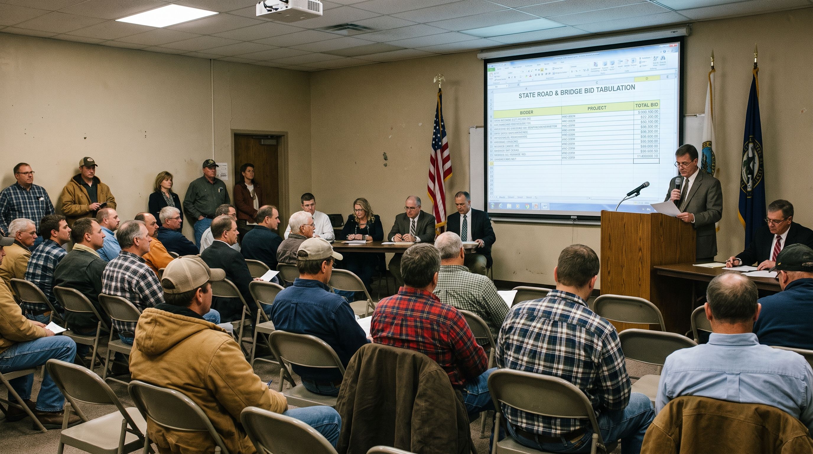 Contractors at a state DOT bid letting watching results displayed on screen