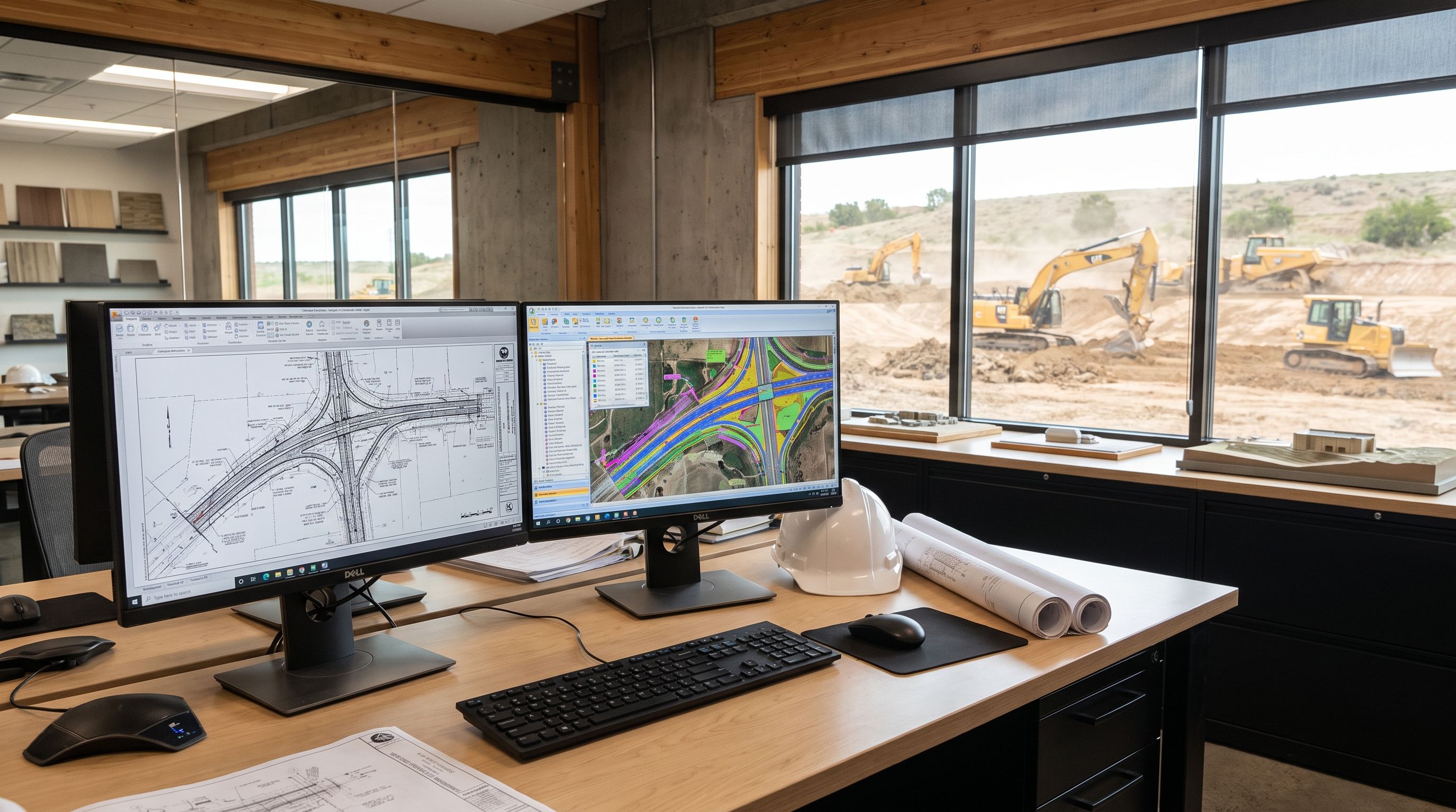 Civil estimator reviewing digital highway plans with earthwork jobsite visible outside