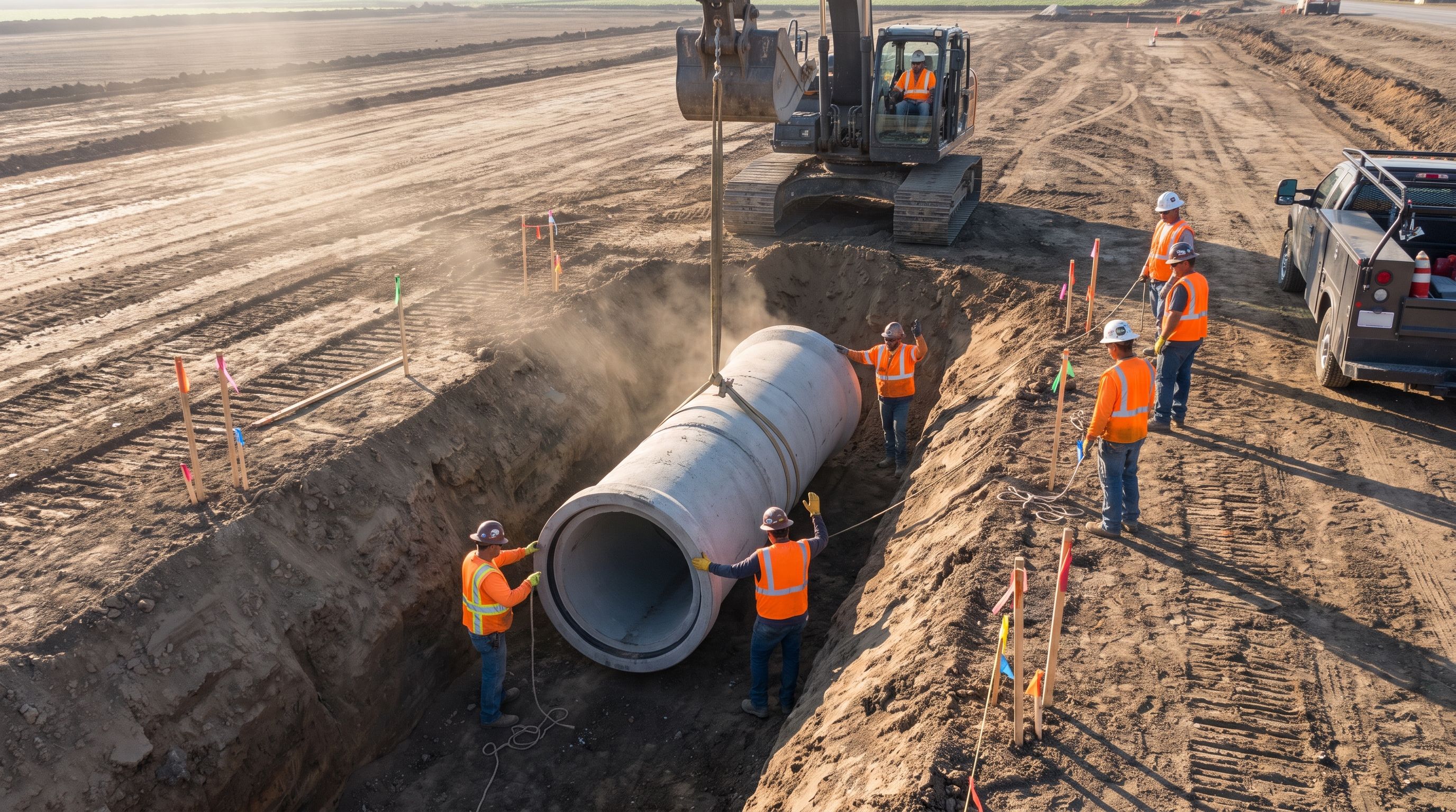 Utility crew setting storm drain pipe with excavator in open trench