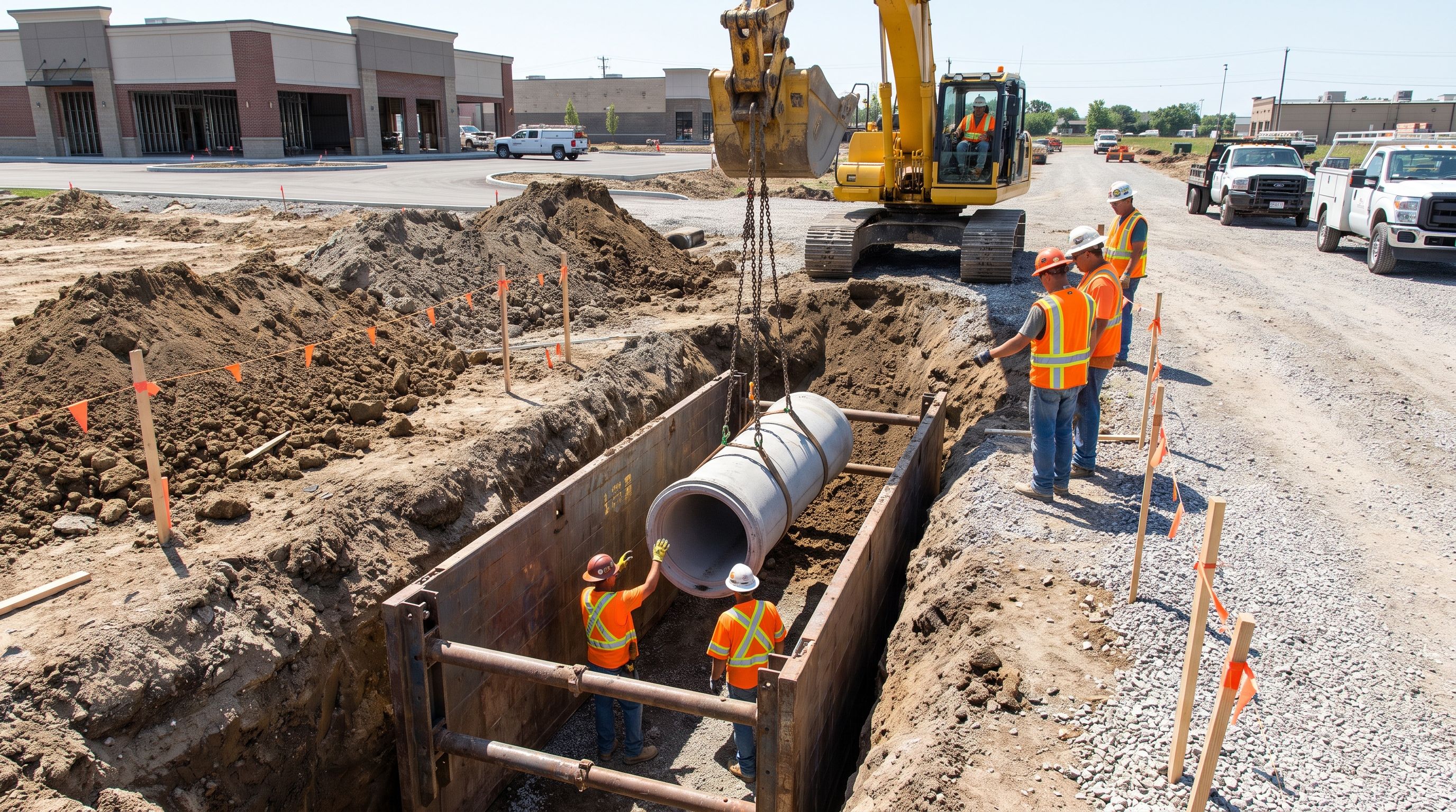 Utility crew installing underground pipe in a shored trench with an excavator
