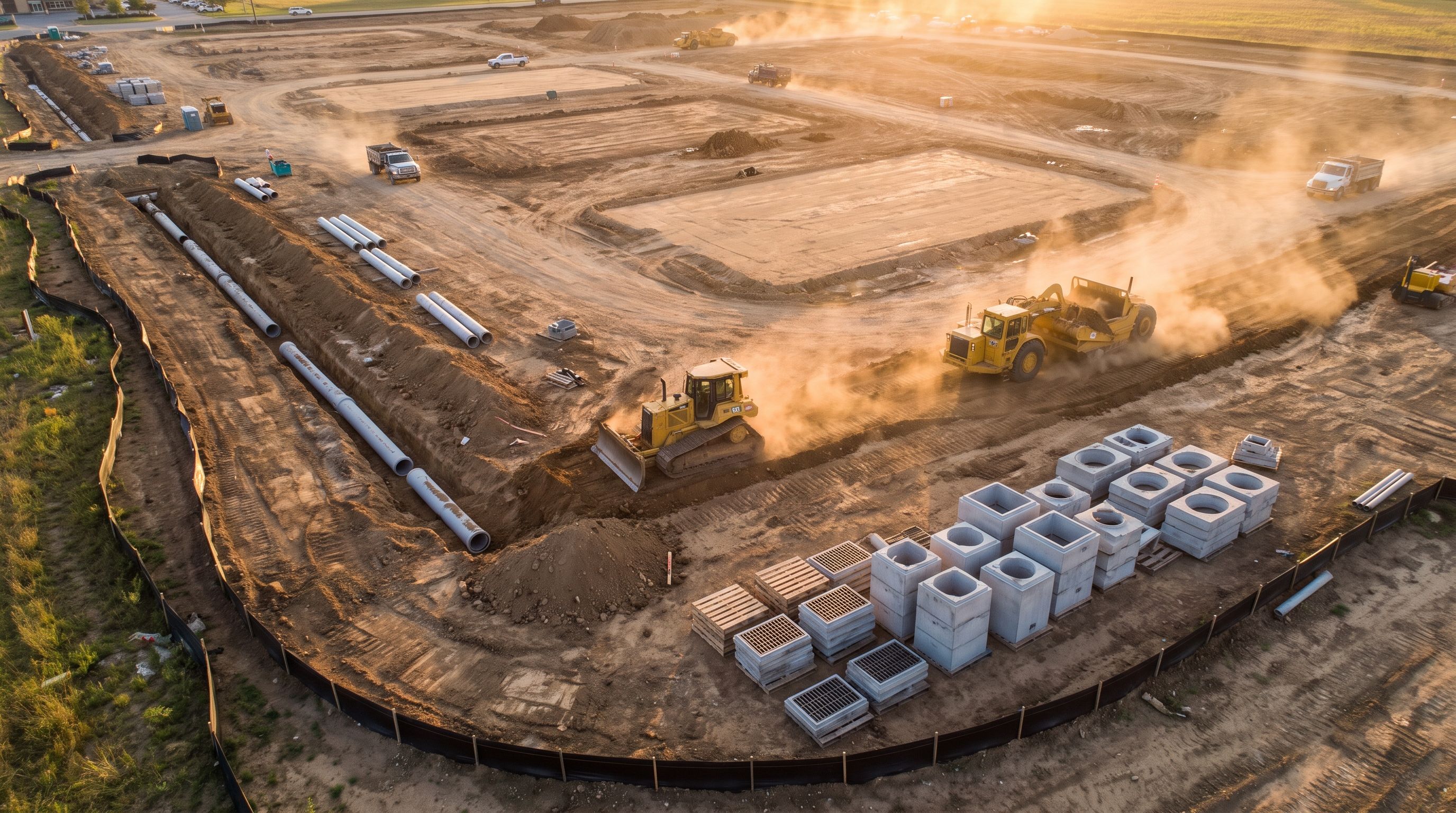 Aerial view of a sitework project with grading, utility trenches, and staged storm drain structures