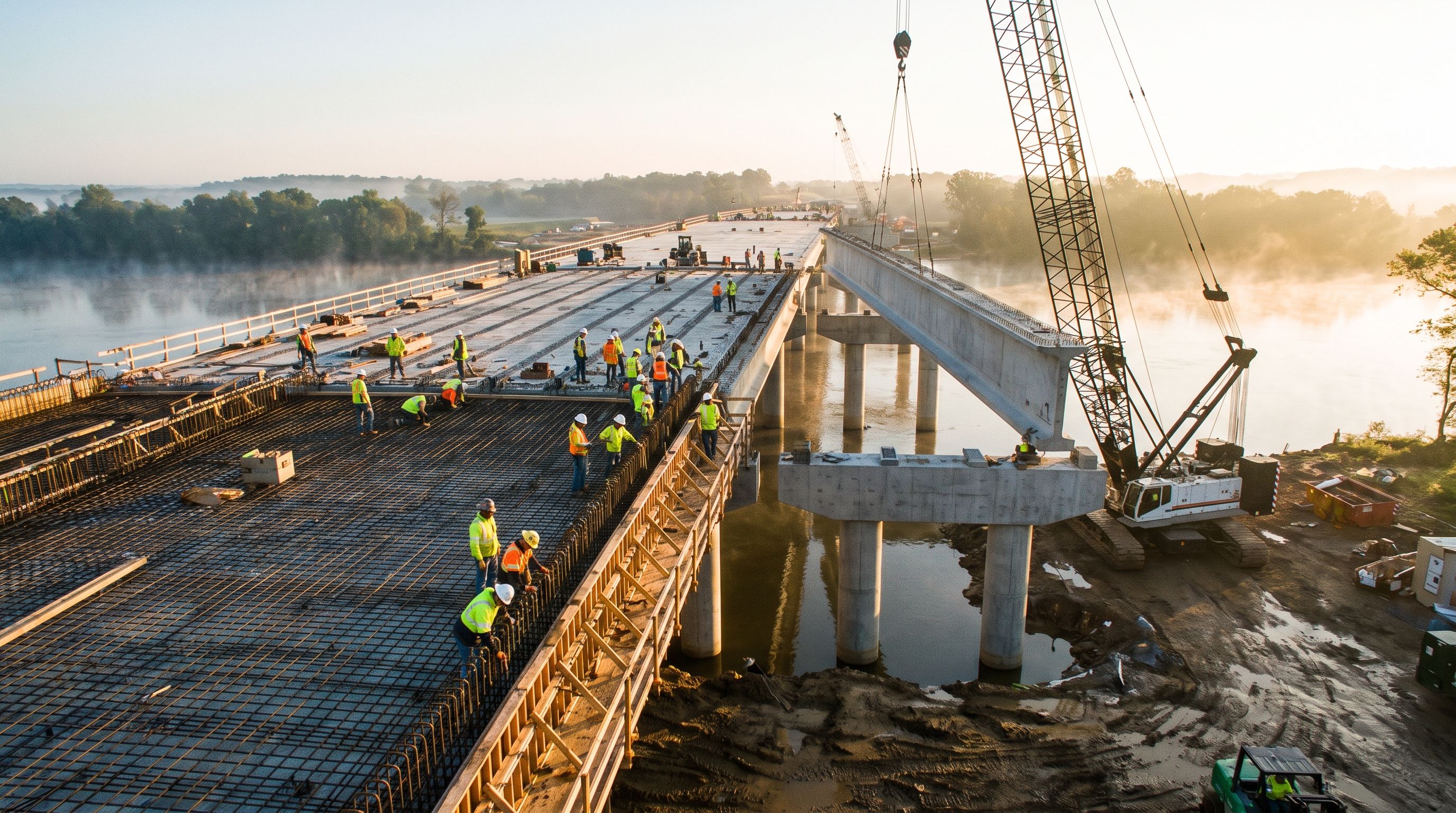 Heavy civil bridge construction project with crane setting a girder over a river