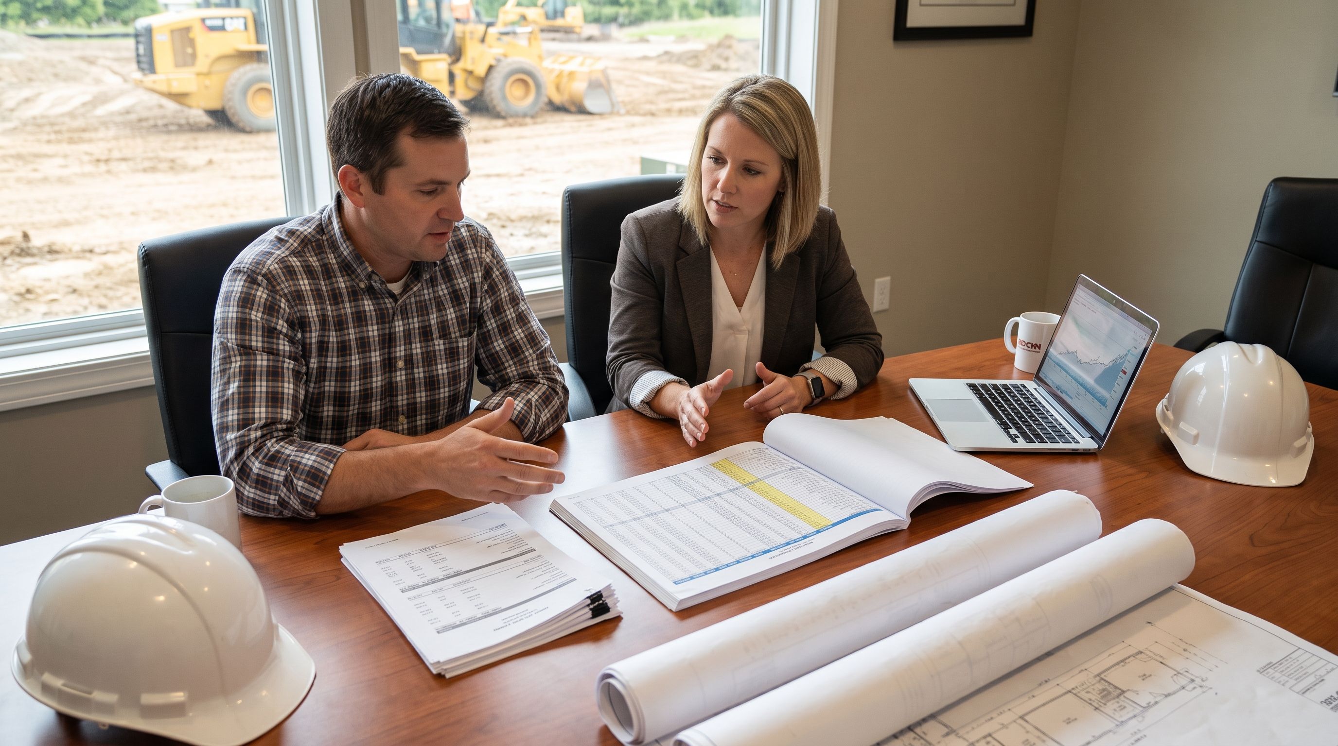 Contractor and surety agent reviewing financial statements and a work-in-progress schedule