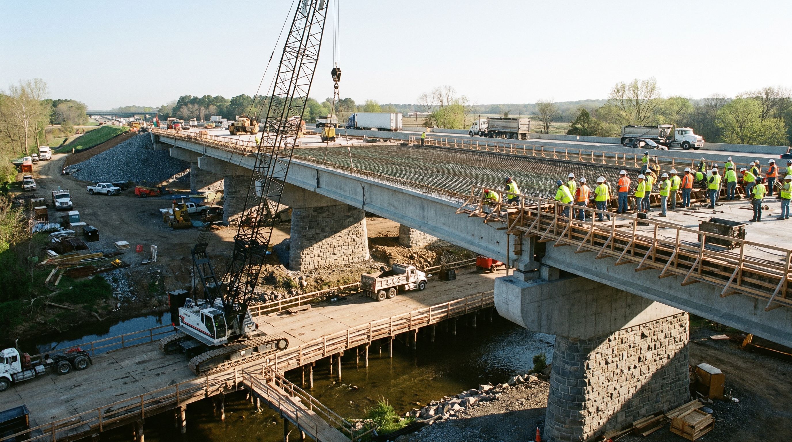 Highway bridge under construction with exposed rebar deck, precast girders, and a crawler crane