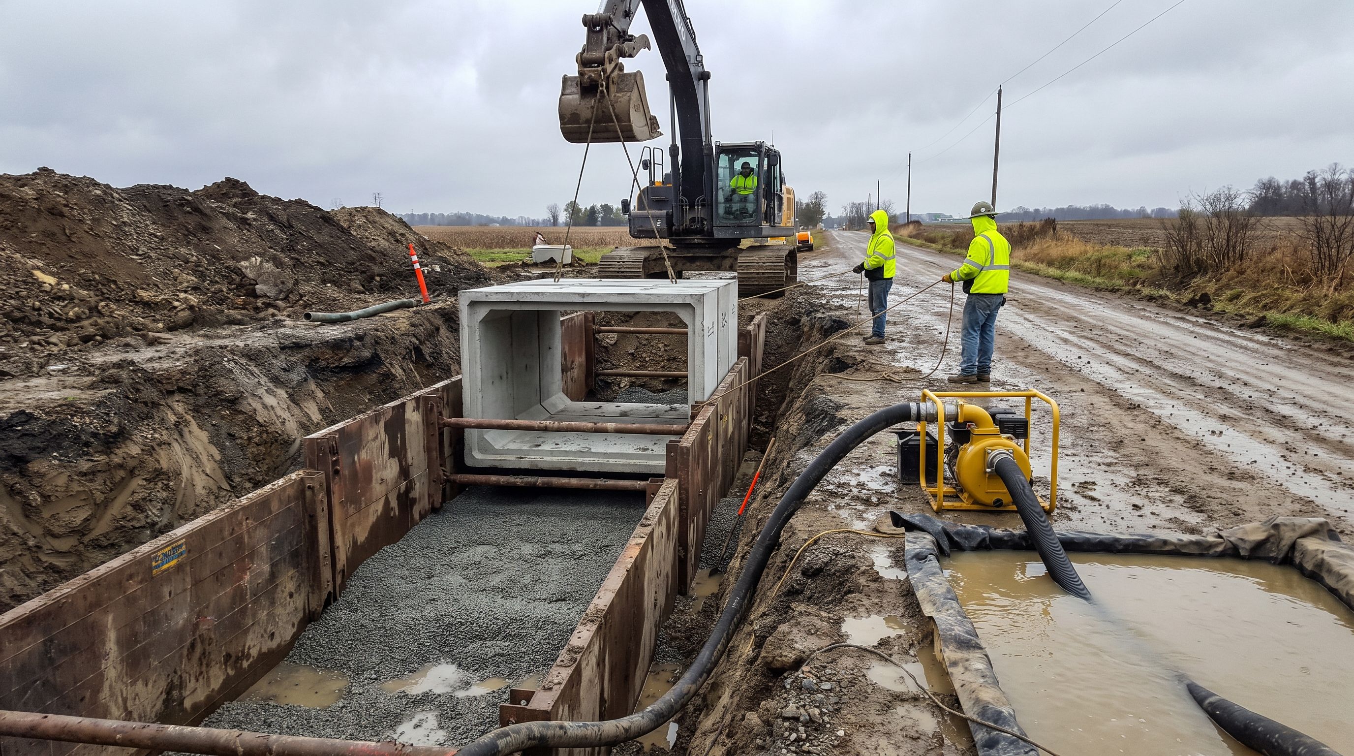 Excavator lowering a precast box culvert section into a shored trench with dewatering in place