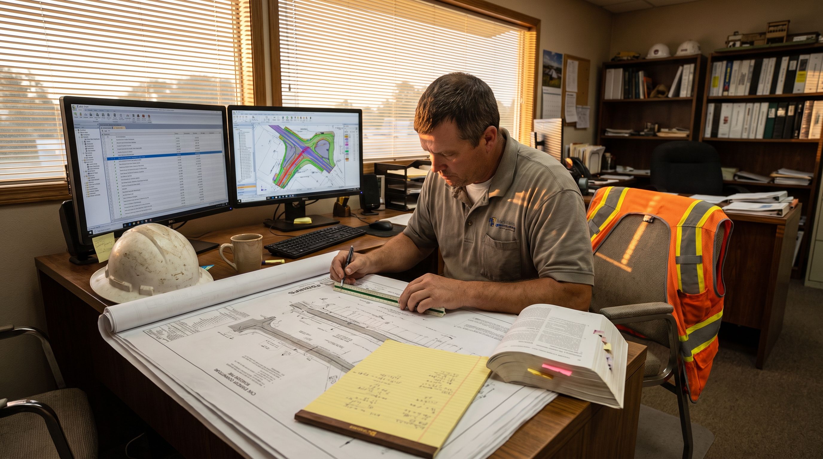 Civil construction estimator reviewing roadway plans and estimating software on dual monitors