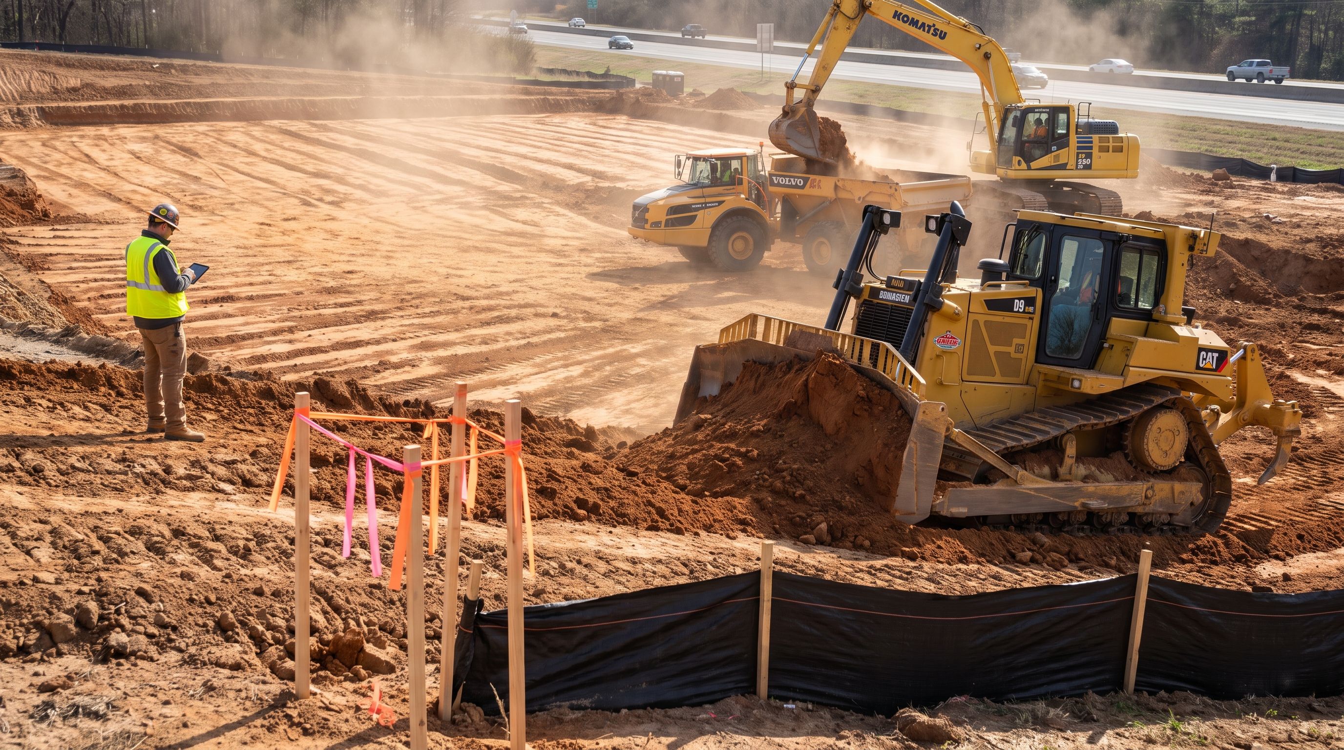 Bulldozer and excavator moving dirt on a heavy civil earthwork jobsite with grade stakes