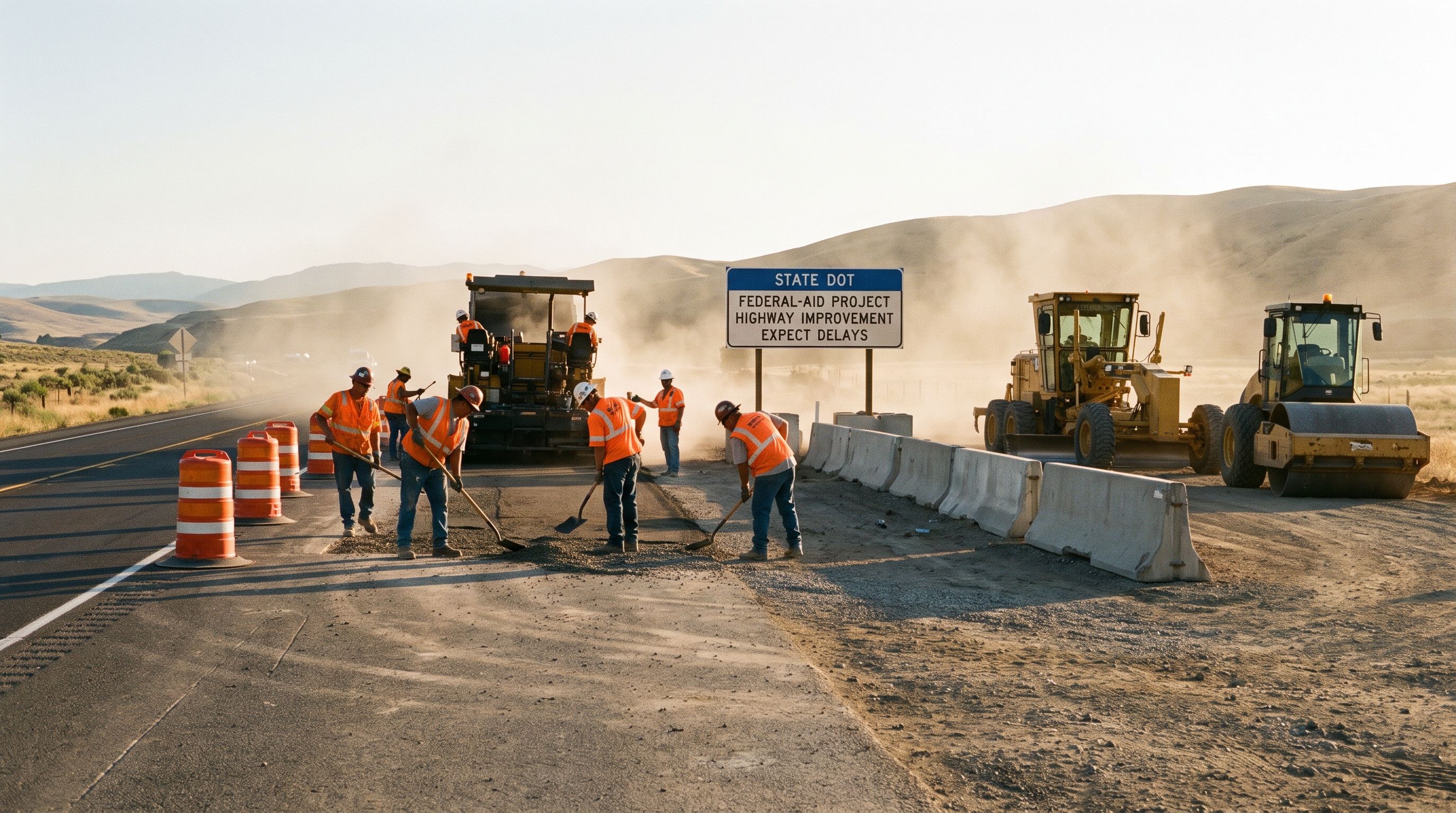 Highway construction crew in hi-vis vests working on a federal-aid DOT project