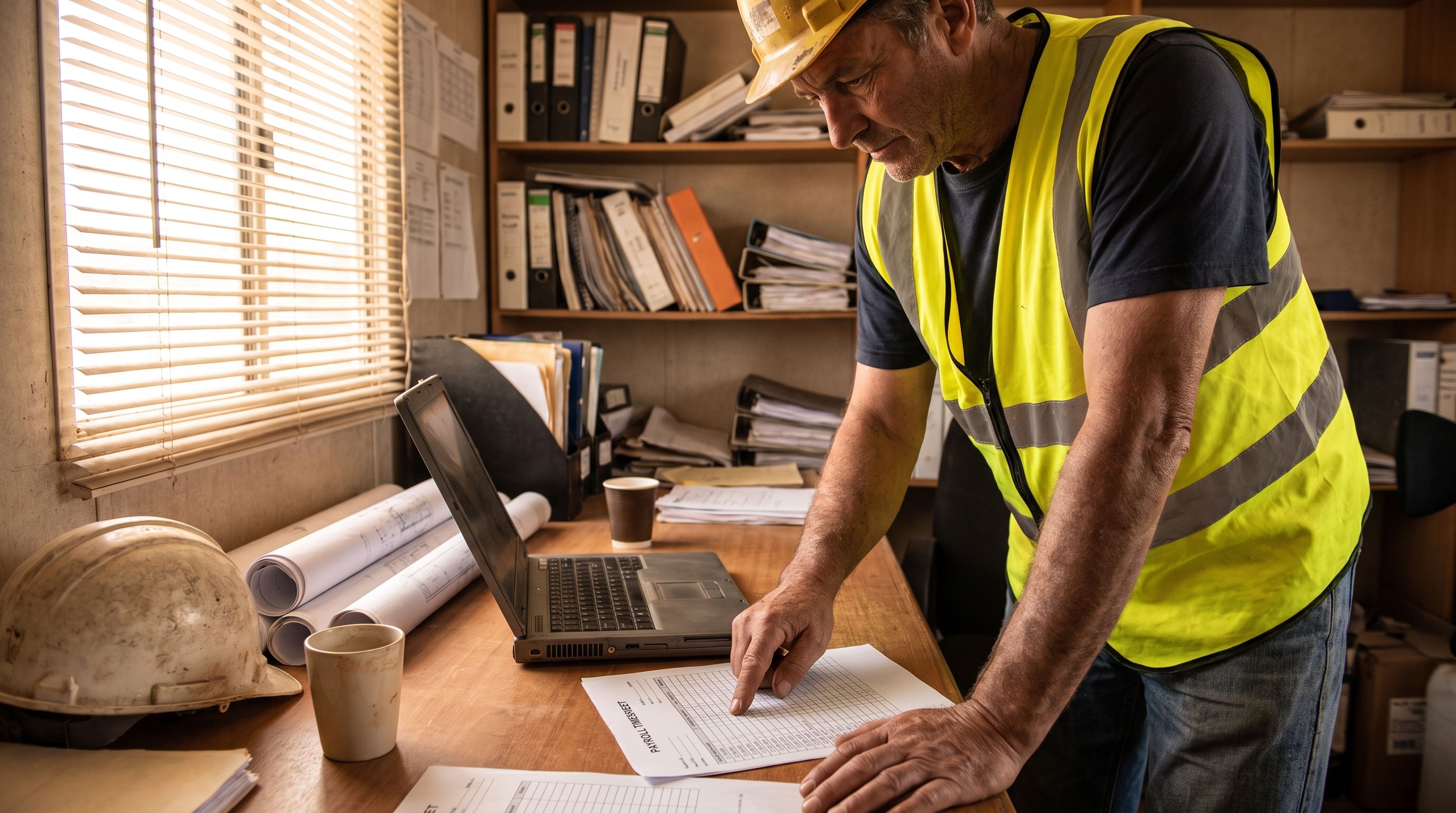 Foreman reviewing certified payroll timesheets in a jobsite trailer office
