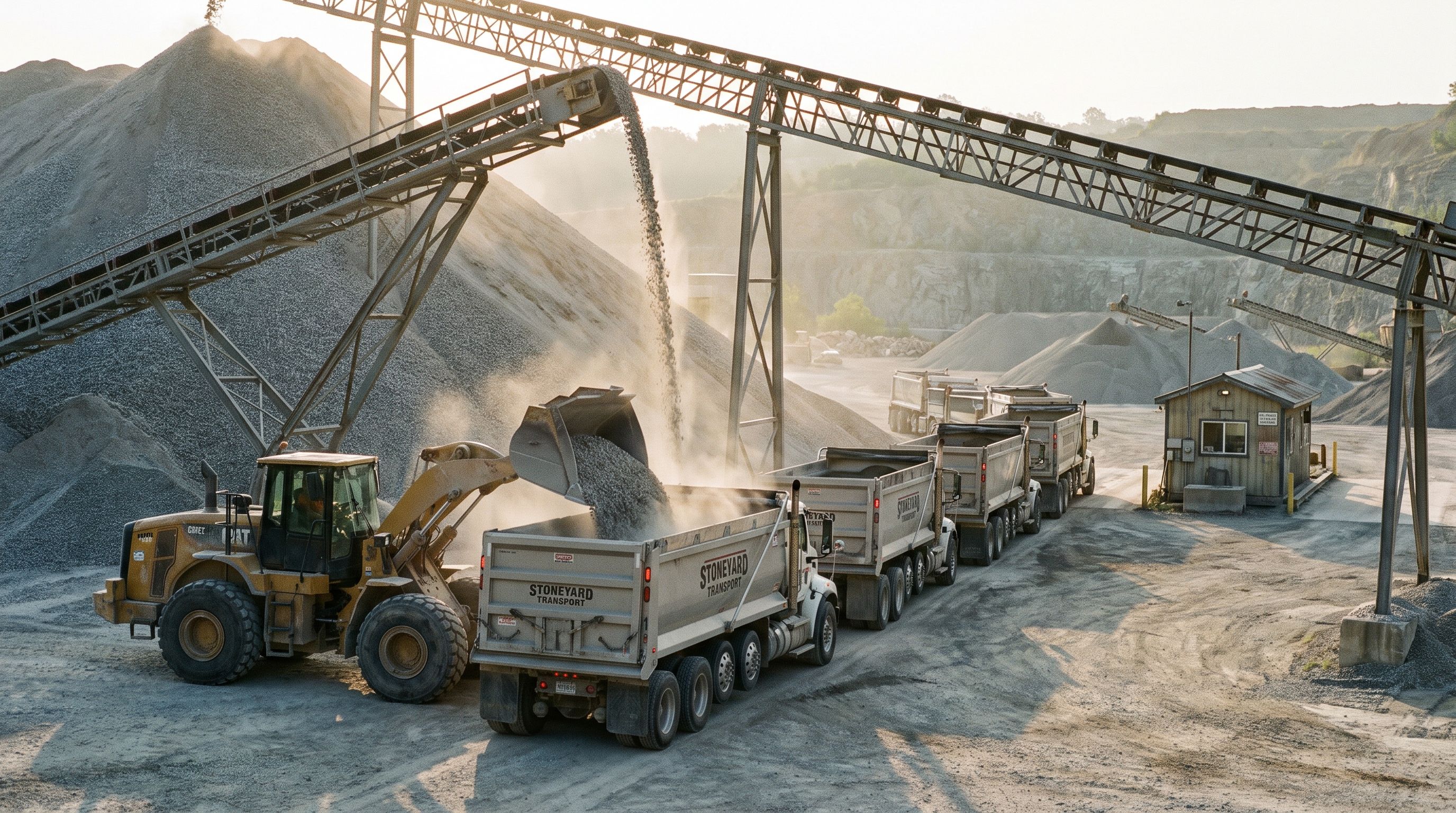 Dump trucks loading crushed stone from a wheel loader at an aggregate quarry