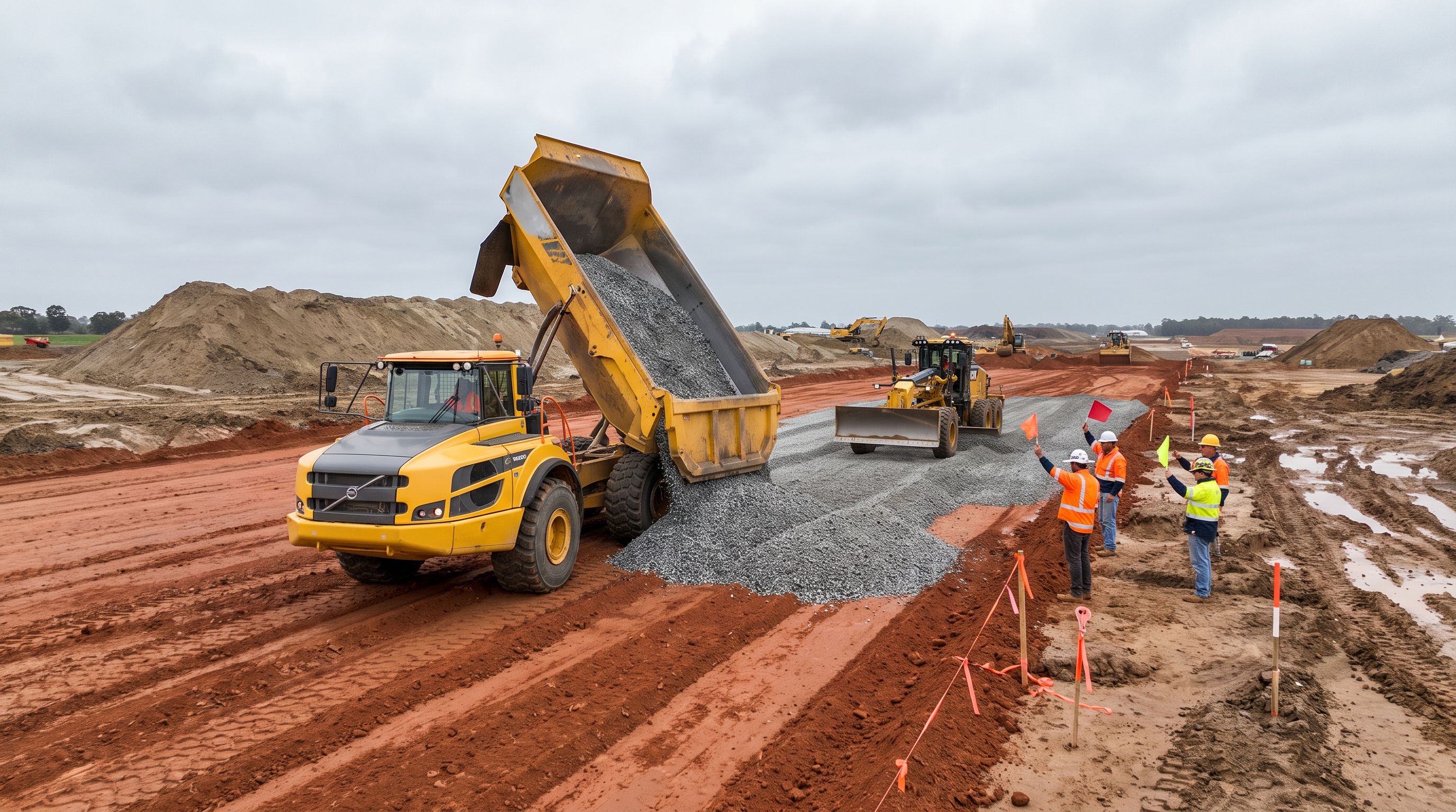 Haul truck dumping aggregate base on a roadway subgrade with a motor grader spreading