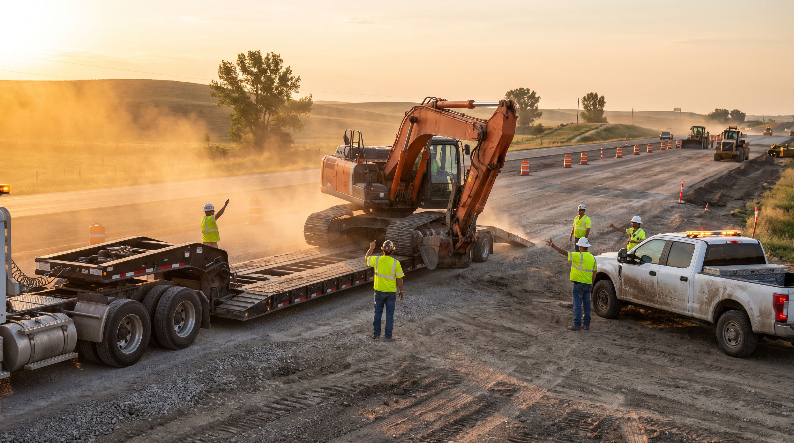 Excavator being unloaded from a lowboy trailer at a highway construction staging area during mobilization