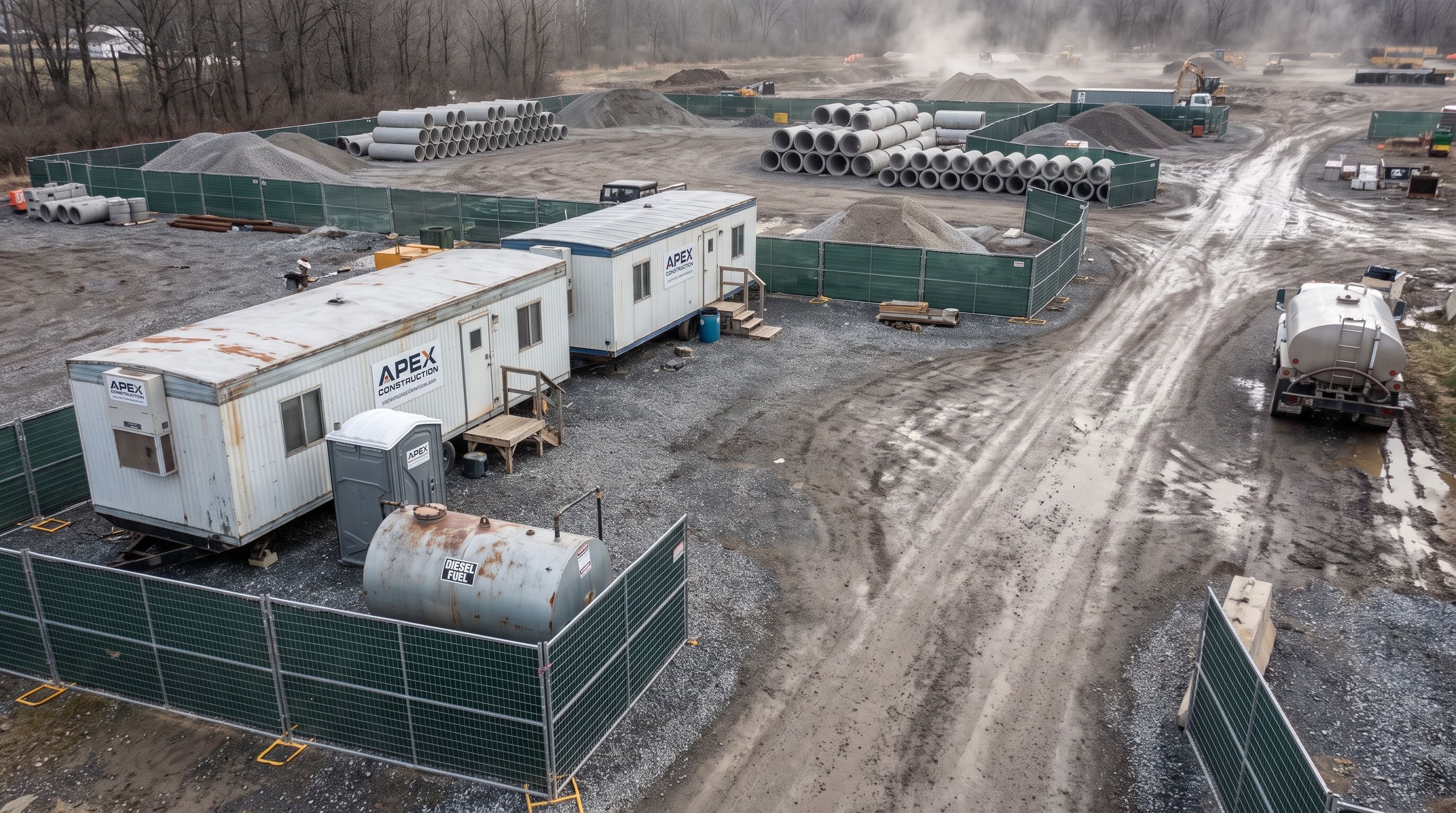 Jobsite office trailers, fencing, and laydown yard set up during construction mobilization