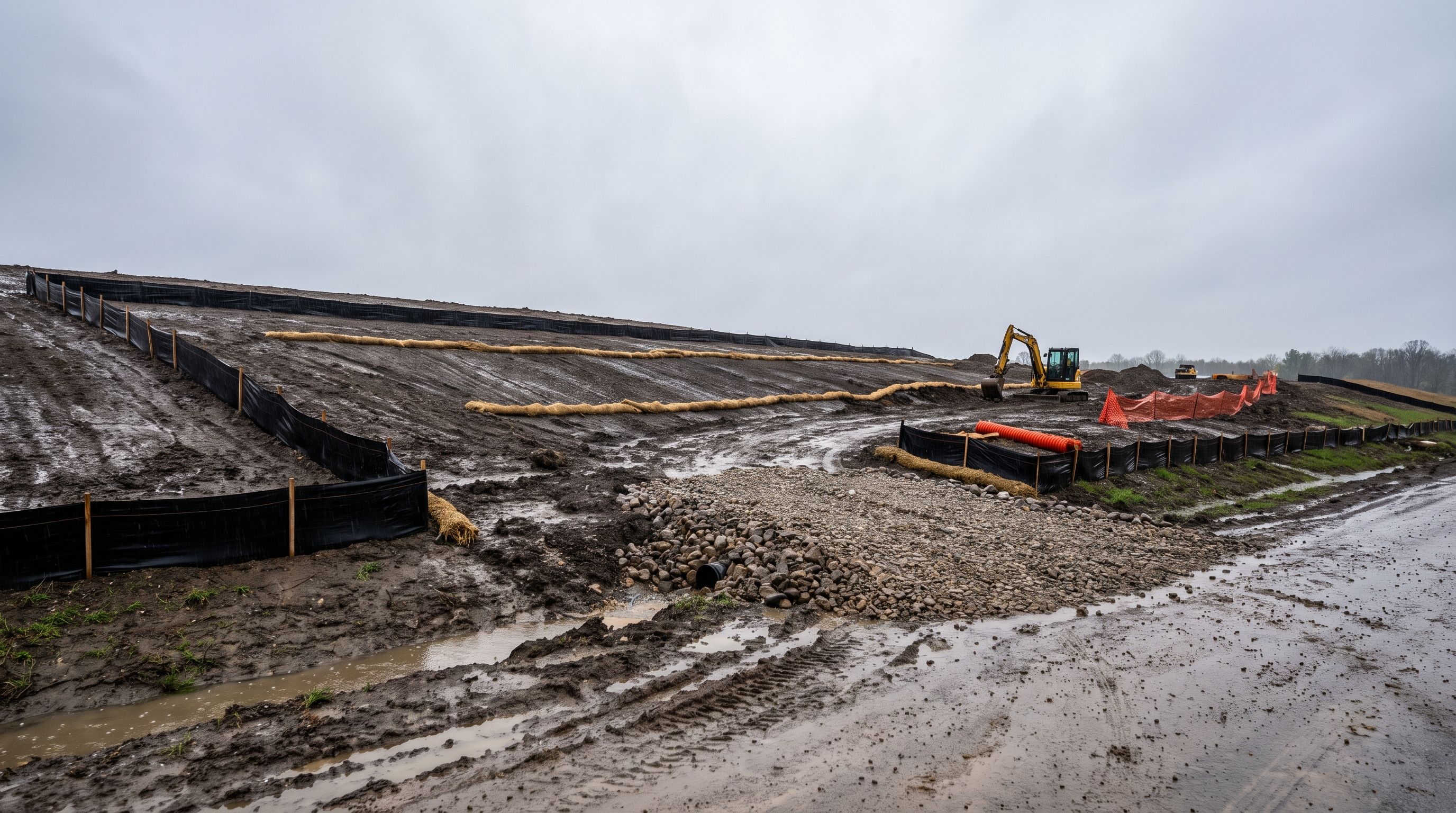 Silt fence, wattles, and a rock construction entrance protecting a graded heavy civil construction site after rain