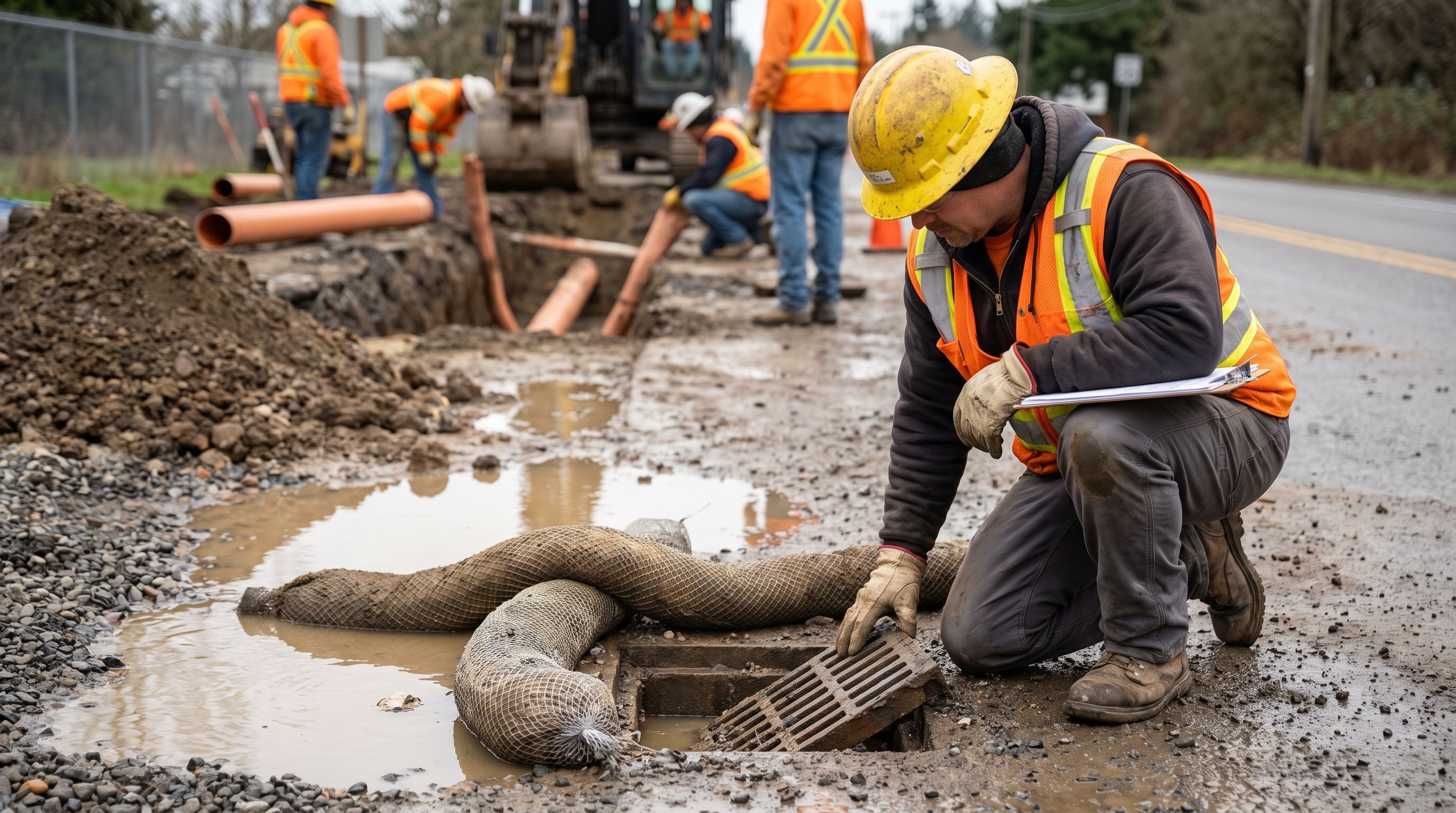 Worker inspecting and repairing storm drain inlet protection on a civil construction site