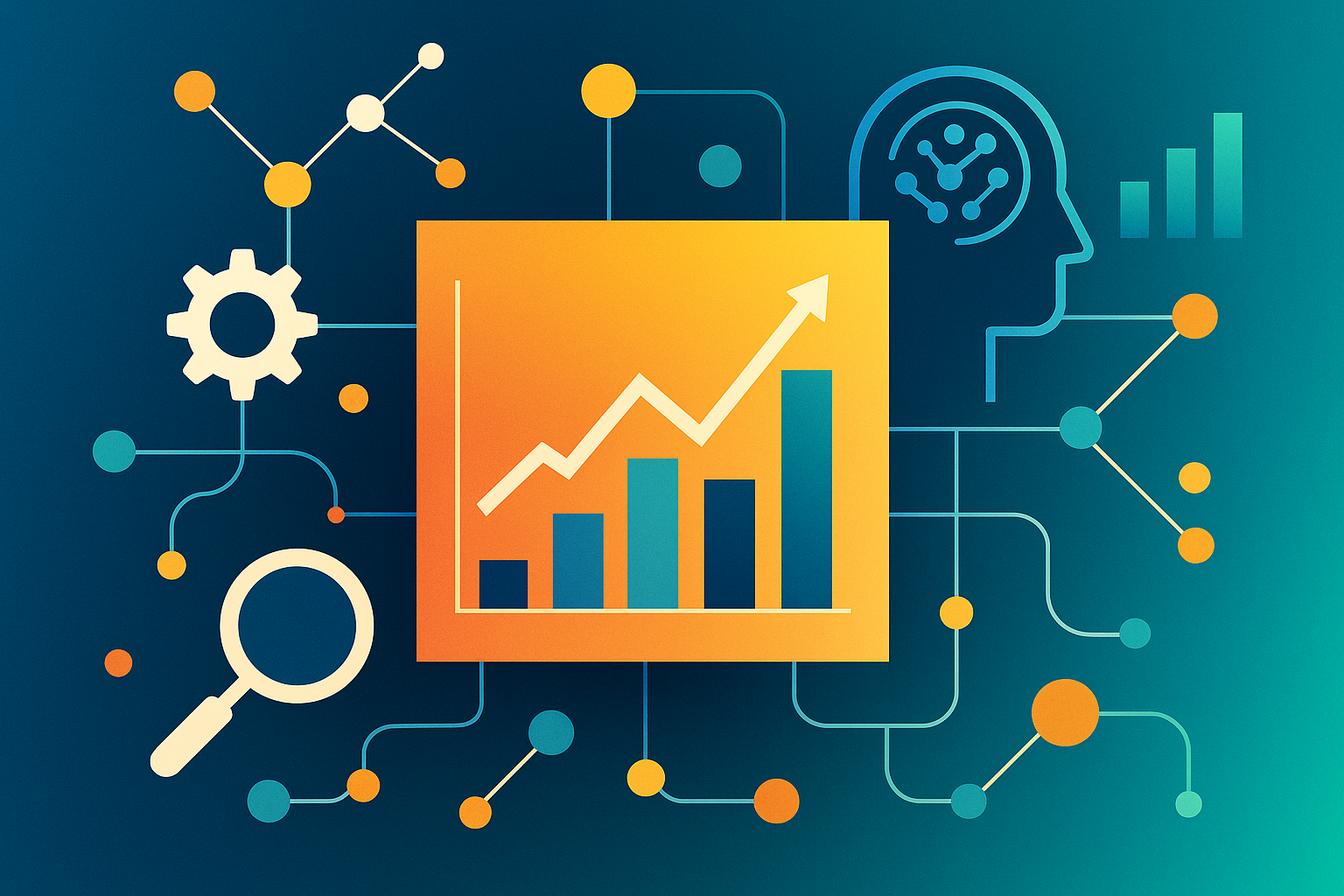 A flat-style digital illustration of an organization navigating complexity, with abstract icons representing data signals, collaboration, risk assessment, and decision-making flowing toward a central AI-enhanced system. The color scheme is dominated by soft oranges, blues, and purples, evoking a balance of urgency and clarity
