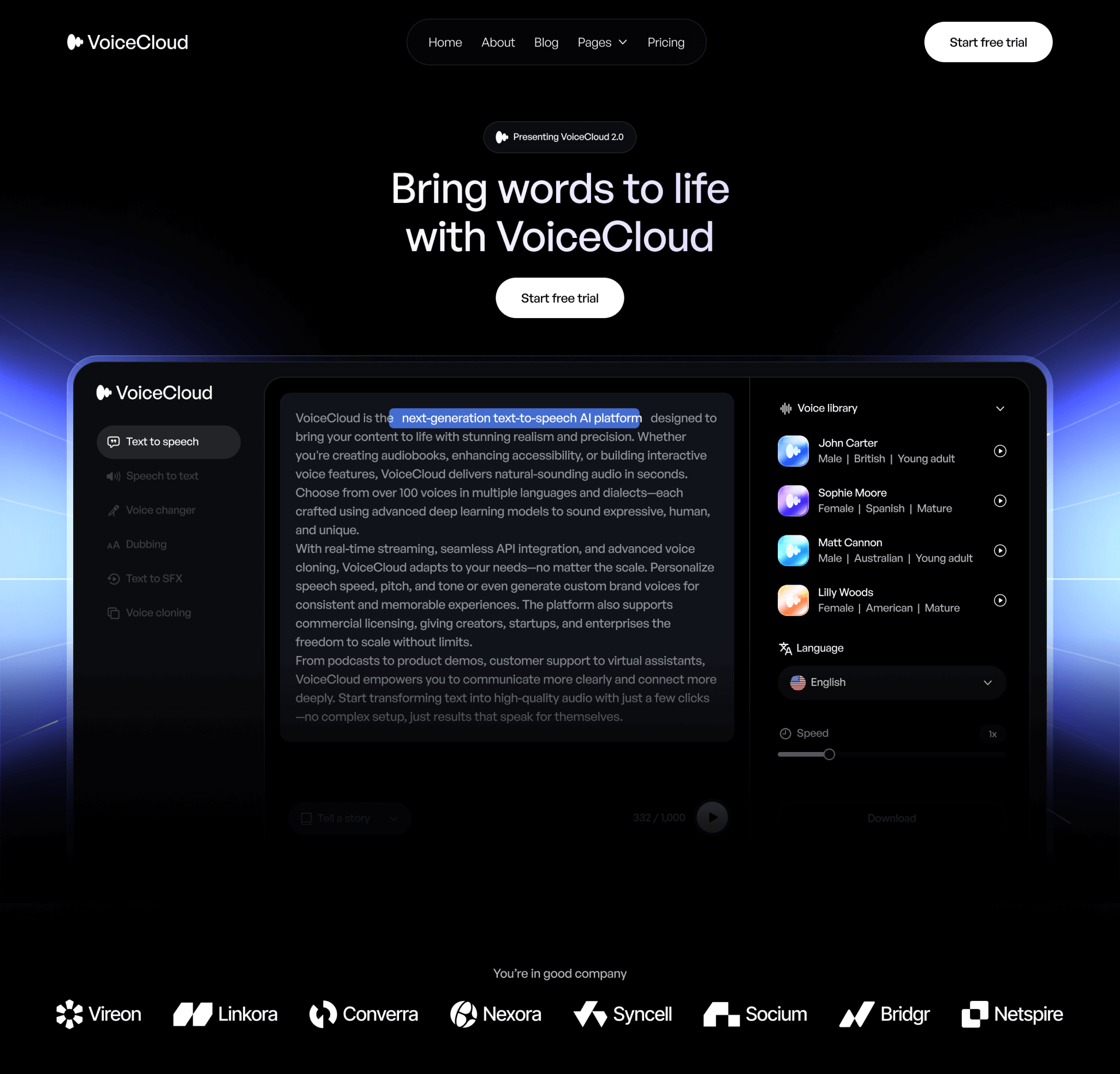 VoiceCloud - Home V1 Page - Text to Speech App Webflow Template | BRIX Templates