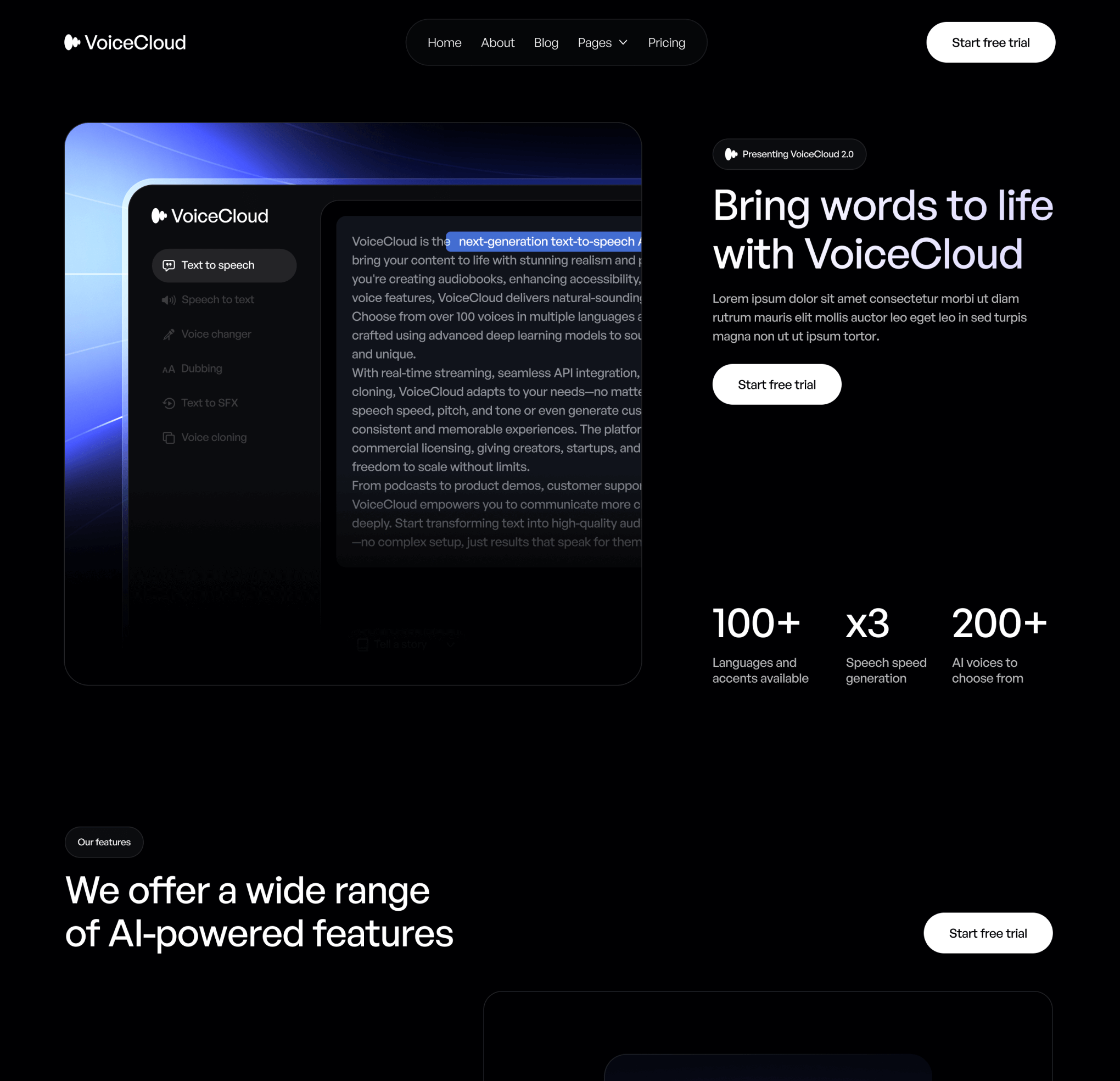 VoiceCloud - Home V2 Page - Text to Speech App Webflow Template | BRIX Templates